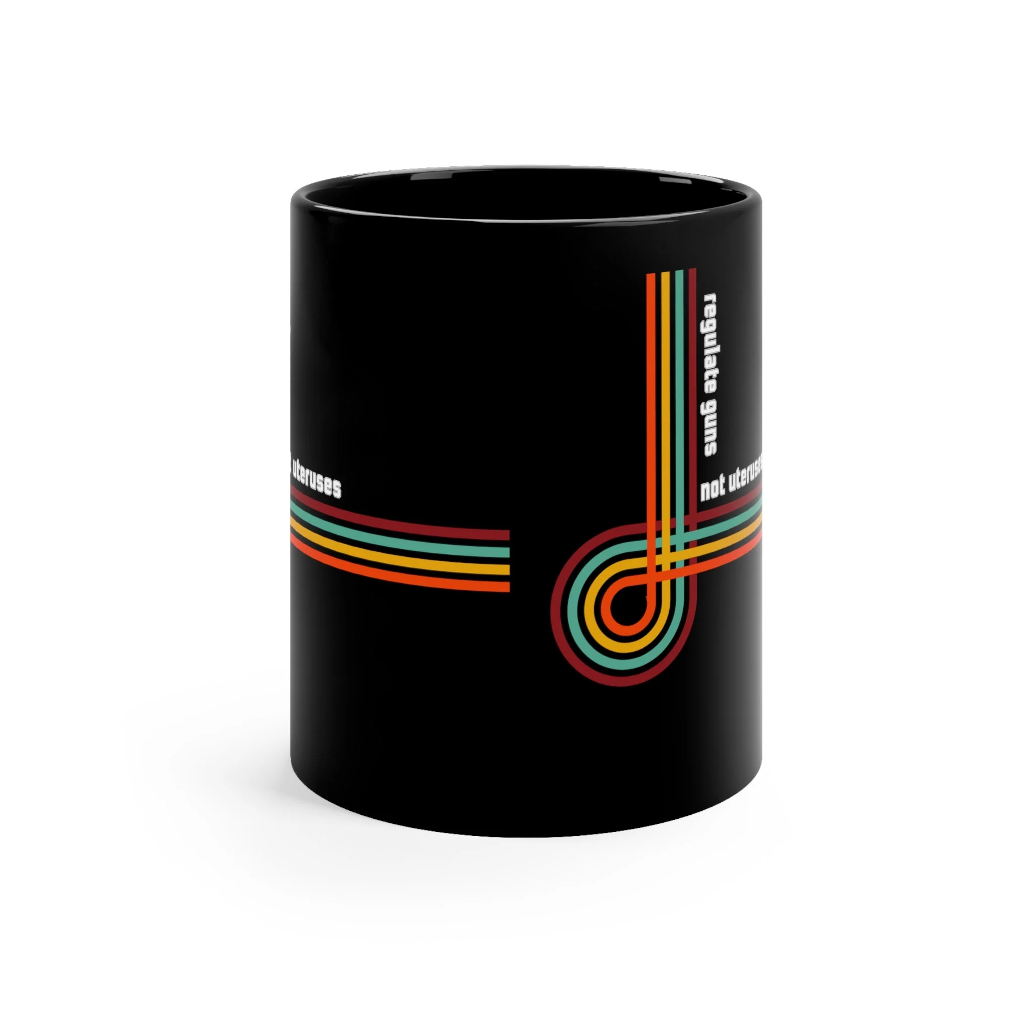Regulate Guns Not Uteruses Pro-Choice Retro Rainbow Mug in Black - Image 2
