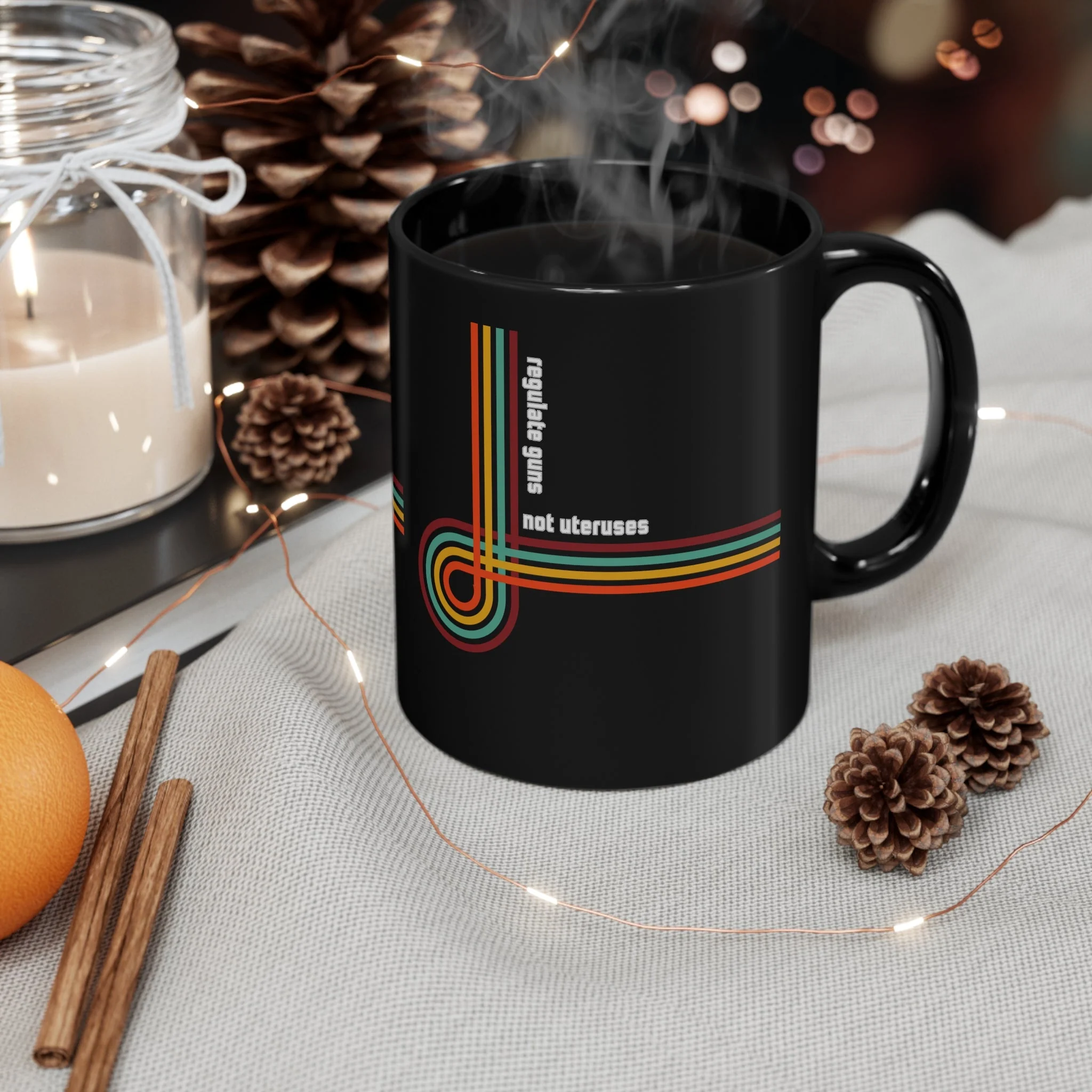 Regulate Guns Not Uteruses Pro-Choice Retro Rainbow Mug in Black - Image 4