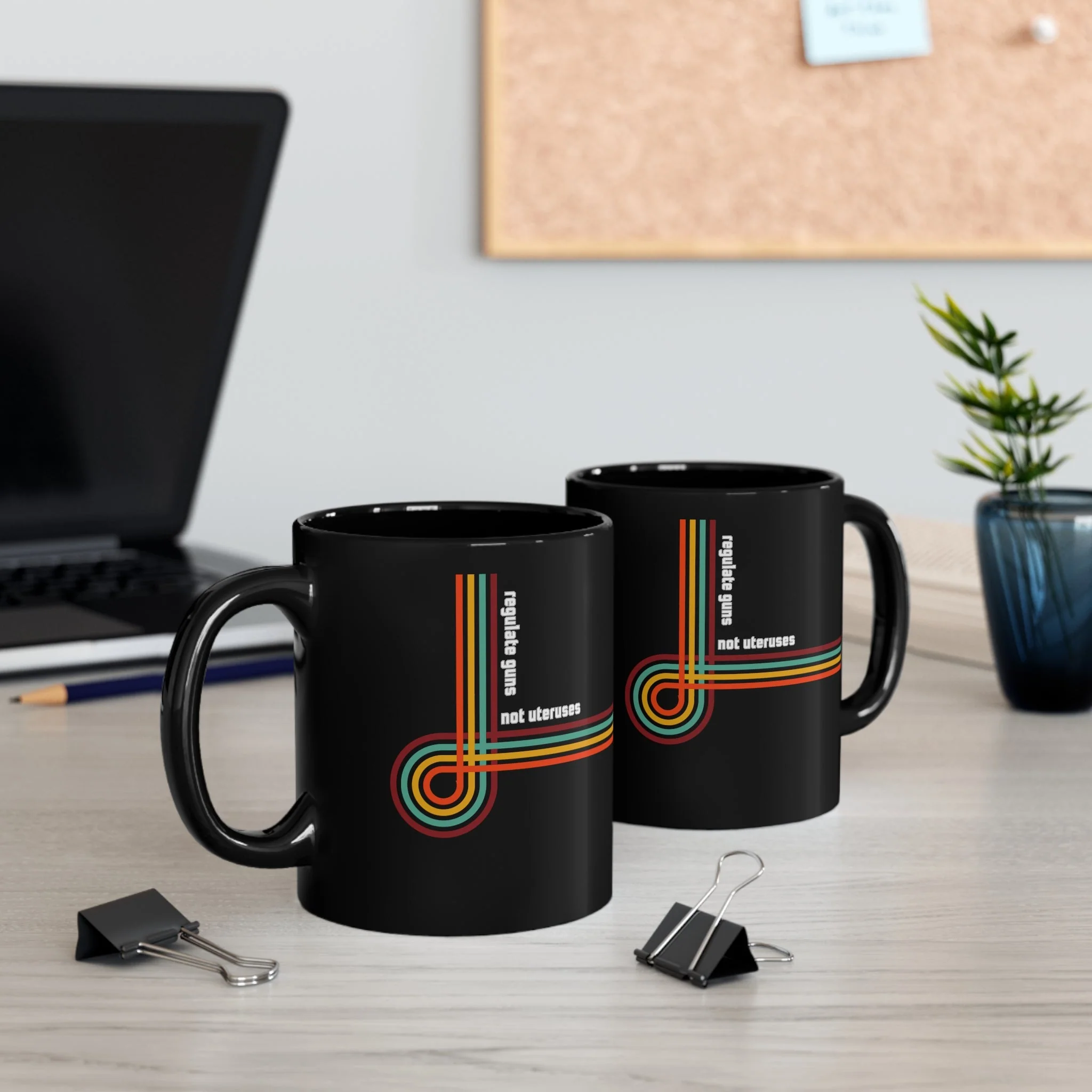Regulate Guns Not Uteruses Pro-Choice Retro Rainbow Mug in Black - Image 5