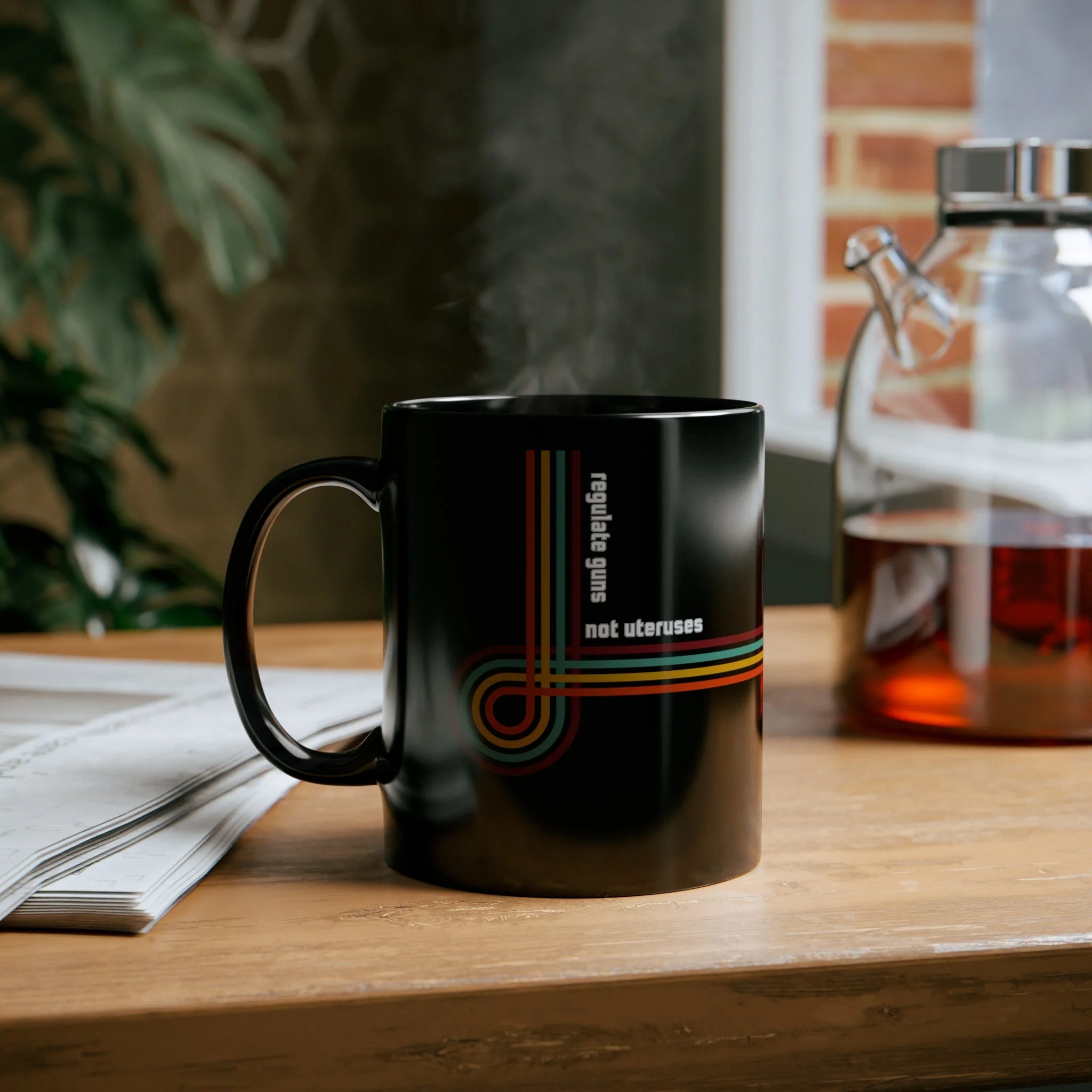 Regulate Guns Not Uteruses Pro-Choice Retro Rainbow Mug in Black - Image 6