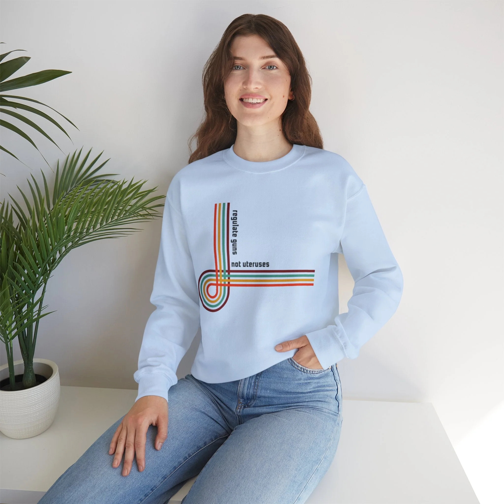 Regulate Guns Not Uteruses Pro-Choice Retro Rainbow Unisex Heavy Blend™ Crewneck Sweatshirt Sizes SM-5XL | Plus Size Available - Image 4