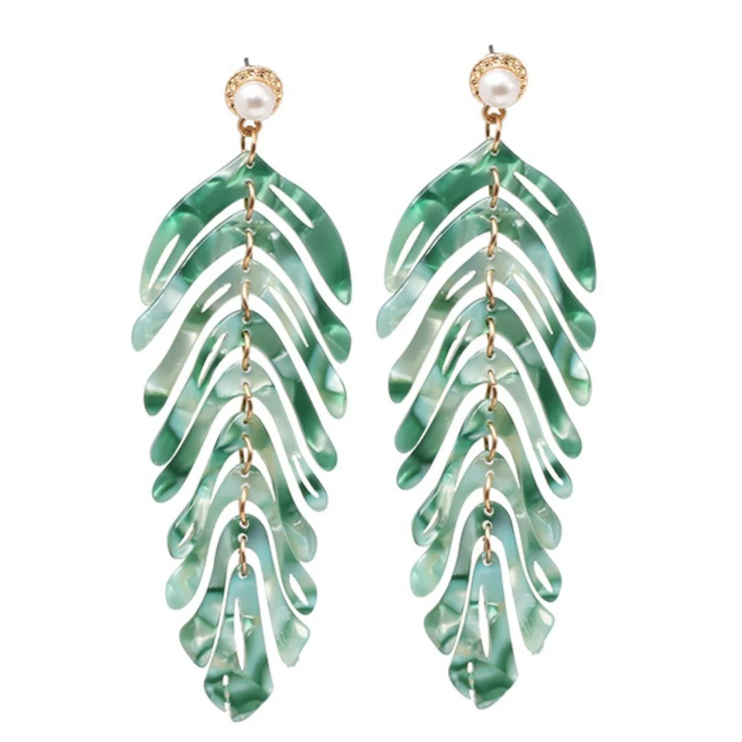 Resin Leaf Tropical Drop Earrings with Pearl Accent - Image 2