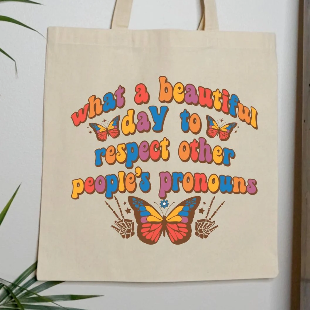 Respect People's Pronouns LGBTQ Pride Canvas Tote Bag - Image 2