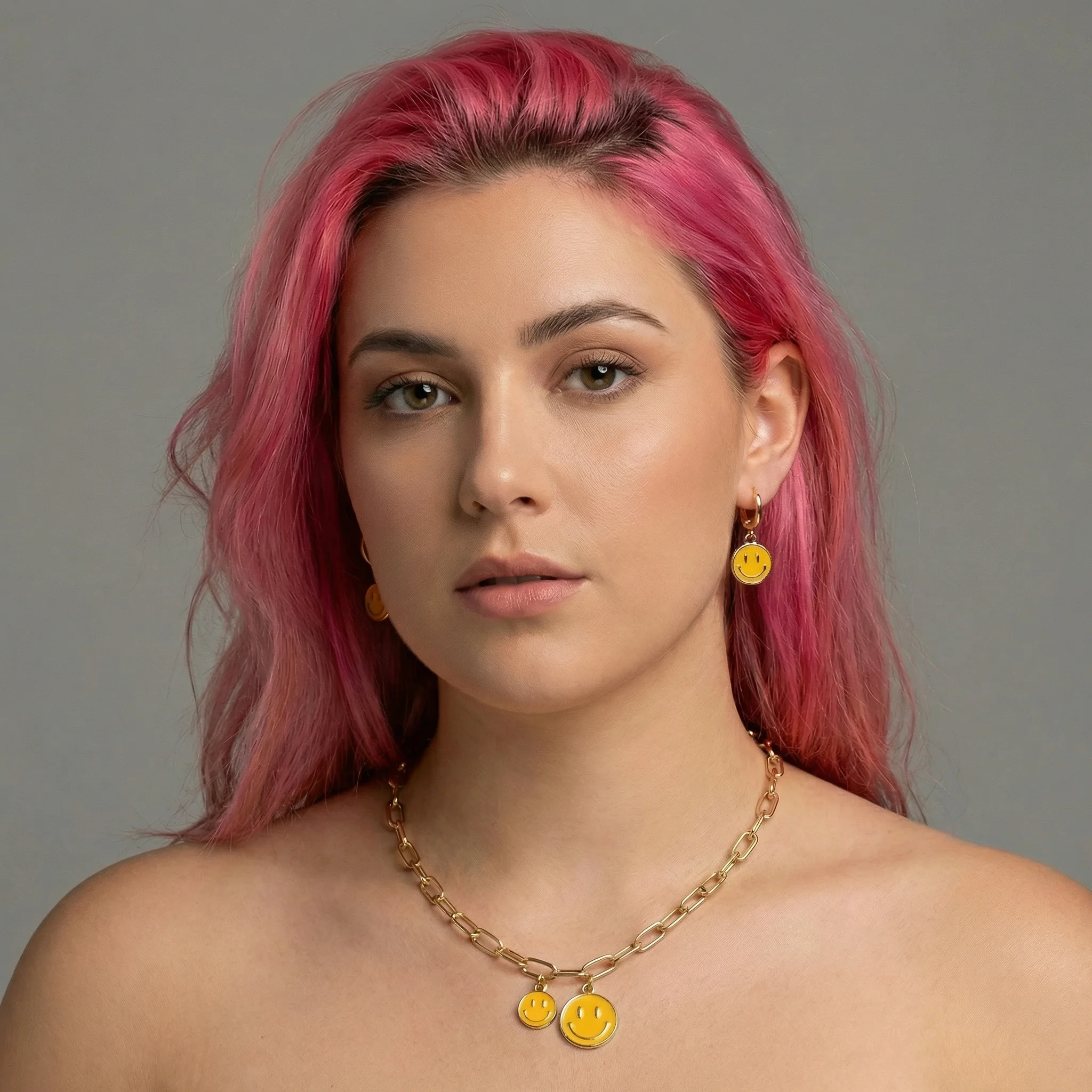 Retro '80s-'90s Dual Happy Face Charm Necklace | 4 Color Options | Yellow, Black, White, Pink - Image 2
