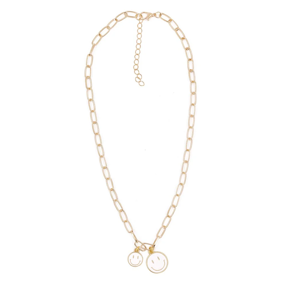 Retro '80s-'90s Dual Happy Face Charm Necklace | 4 Color Options | Yellow, Black, White, Pink - Image 8
