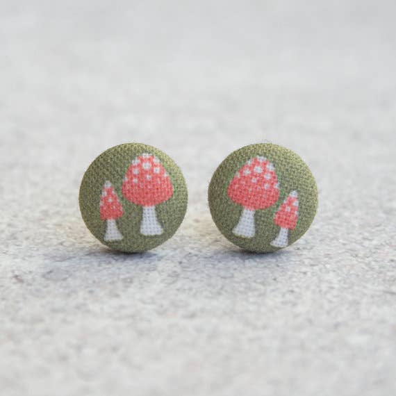 Retro Mushrooms Fabric Button Earrings | Handmade in the US - Image 6