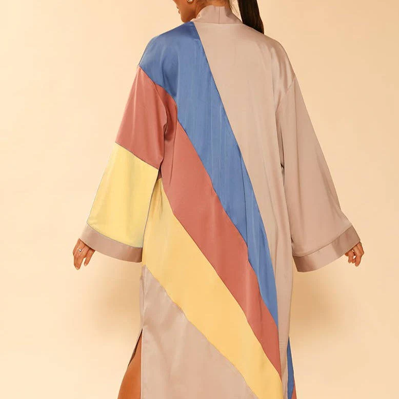 Tan Retro Stripe Kimono Big Long Textured Satin Duster [Size SM & L Remaining] - Image 2