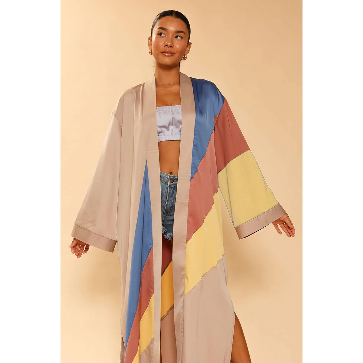 Tan Retro Stripe Kimono Big Long Textured Satin Duster [Size SM & L Remaining] - Image 3