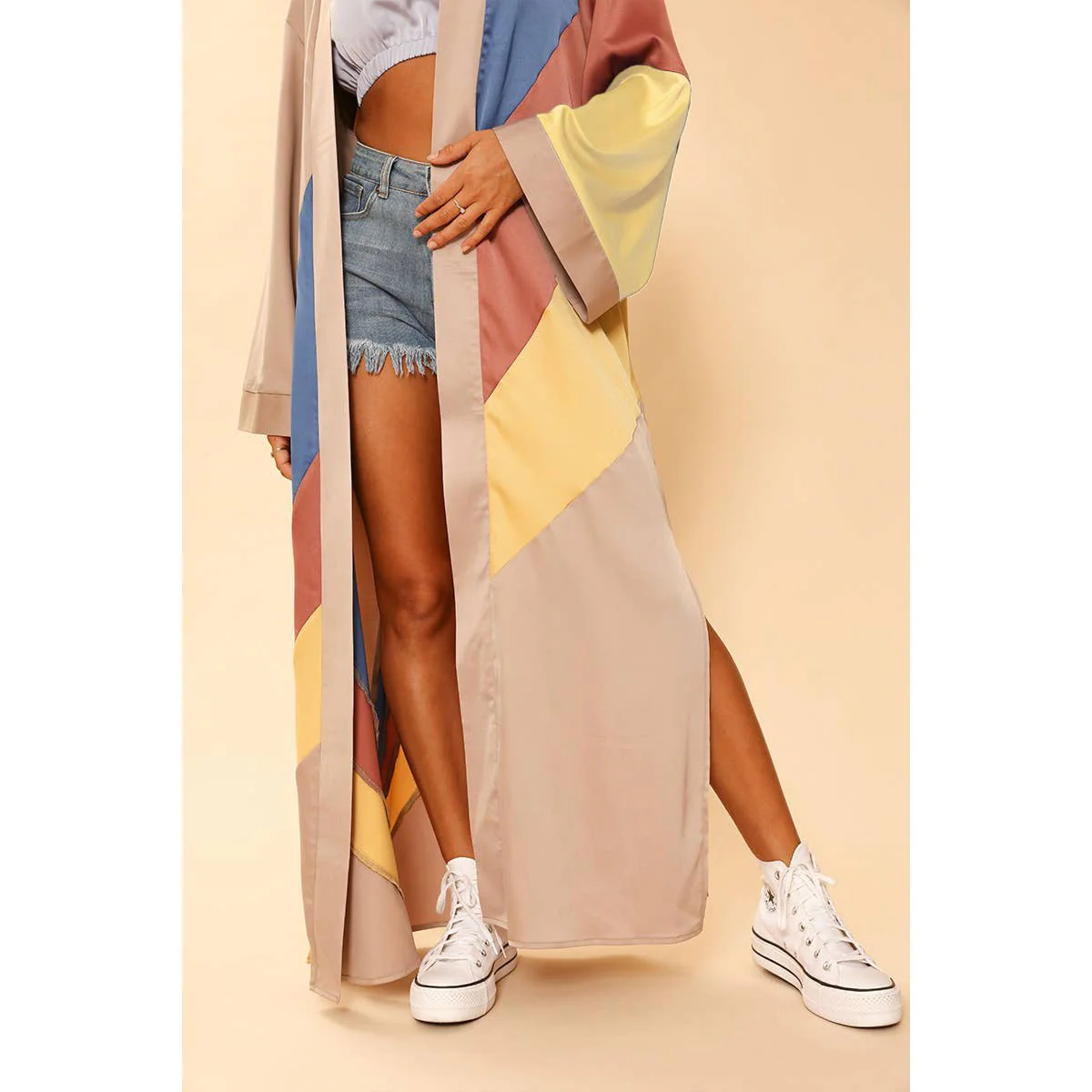 Tan Retro Stripe Kimono Big Long Textured Satin Duster [Size SM & L Remaining] - Image 4