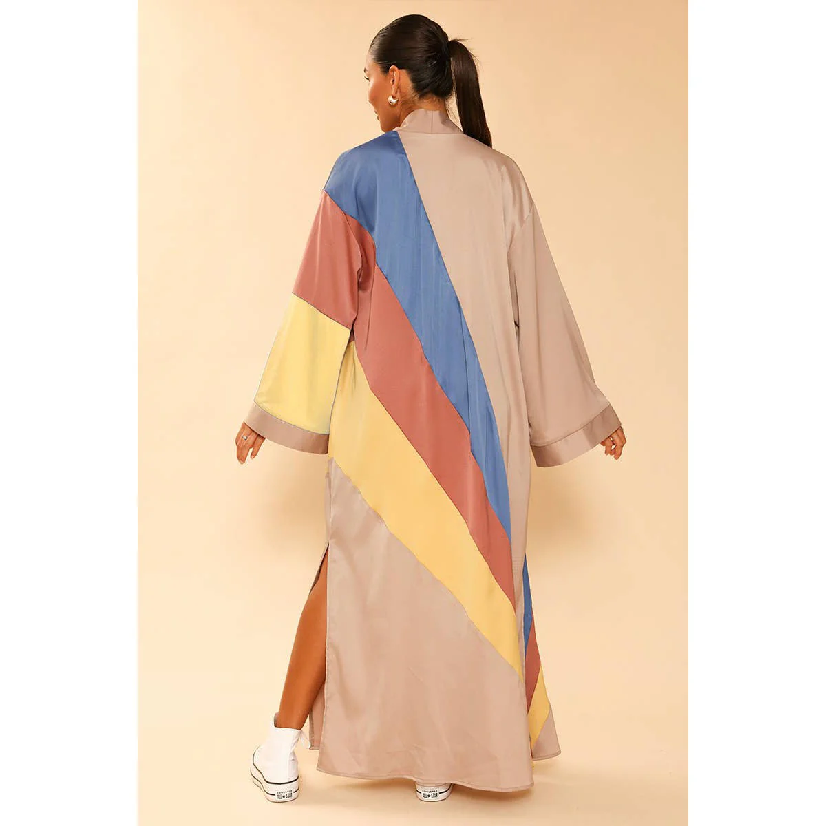 Tan Retro Stripe Kimono Big Long Textured Satin Duster [Size SM & L Remaining] - Image 5