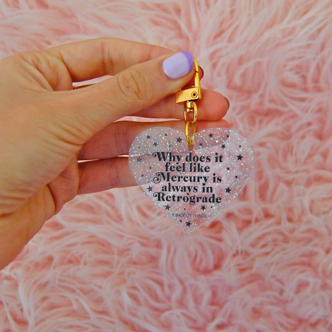 Why Does It Always Feel Like Mercury Is In Retrograde Glittered Heart-Shaped Keychain - Image 2