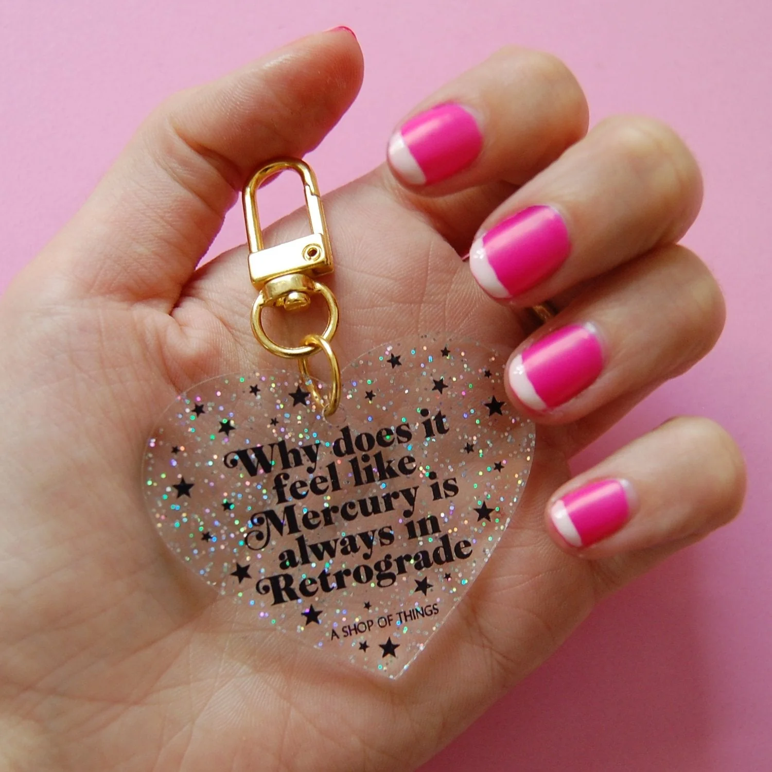 Why Does It Always Feel Like Mercury Is In Retrograde Glittered Heart-Shaped Keychain - Image 3