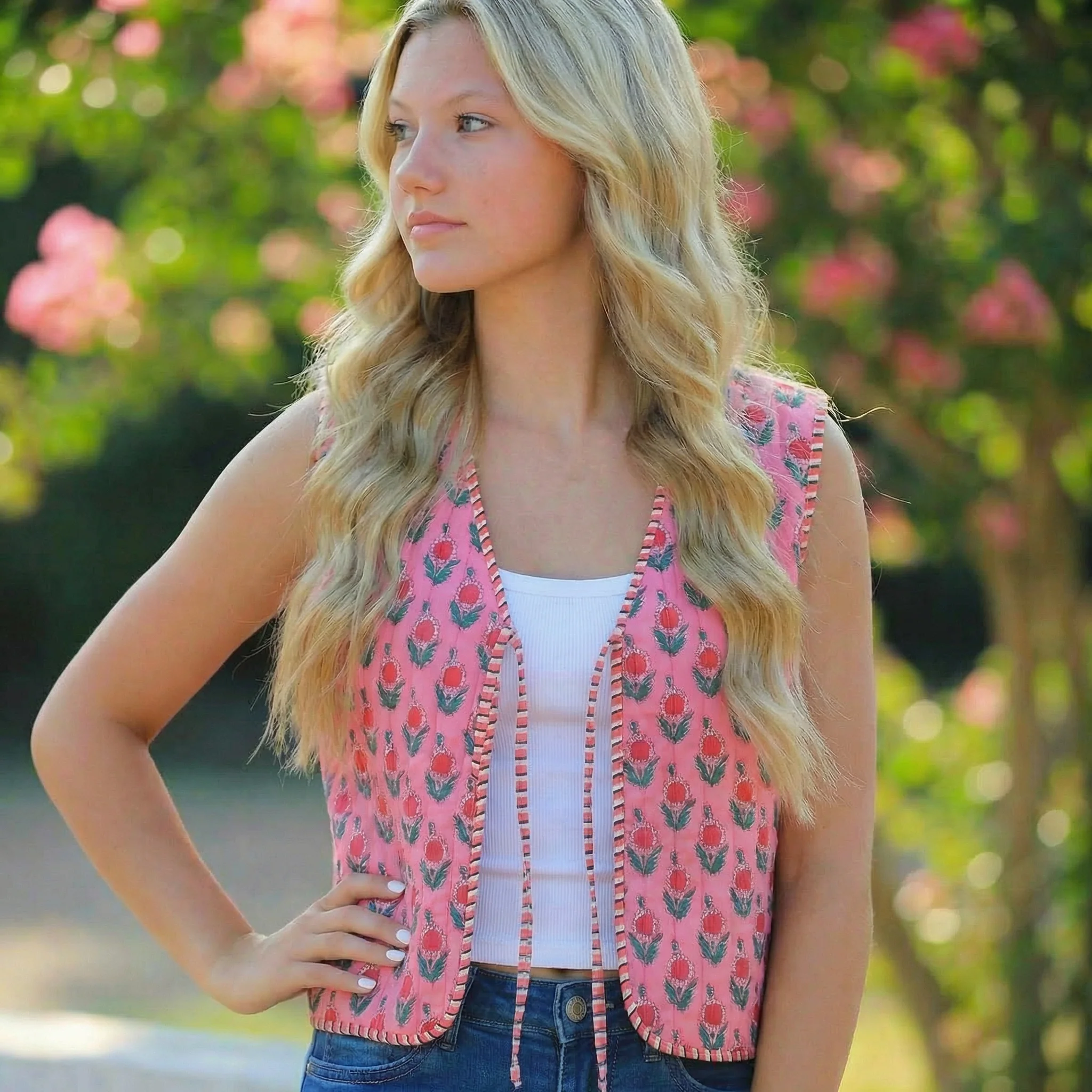 Reversible Floral & Striped Cropped Puffer Vest | Y2K Pink Boho Quilted Tie Front Cotton Vest - Image 3