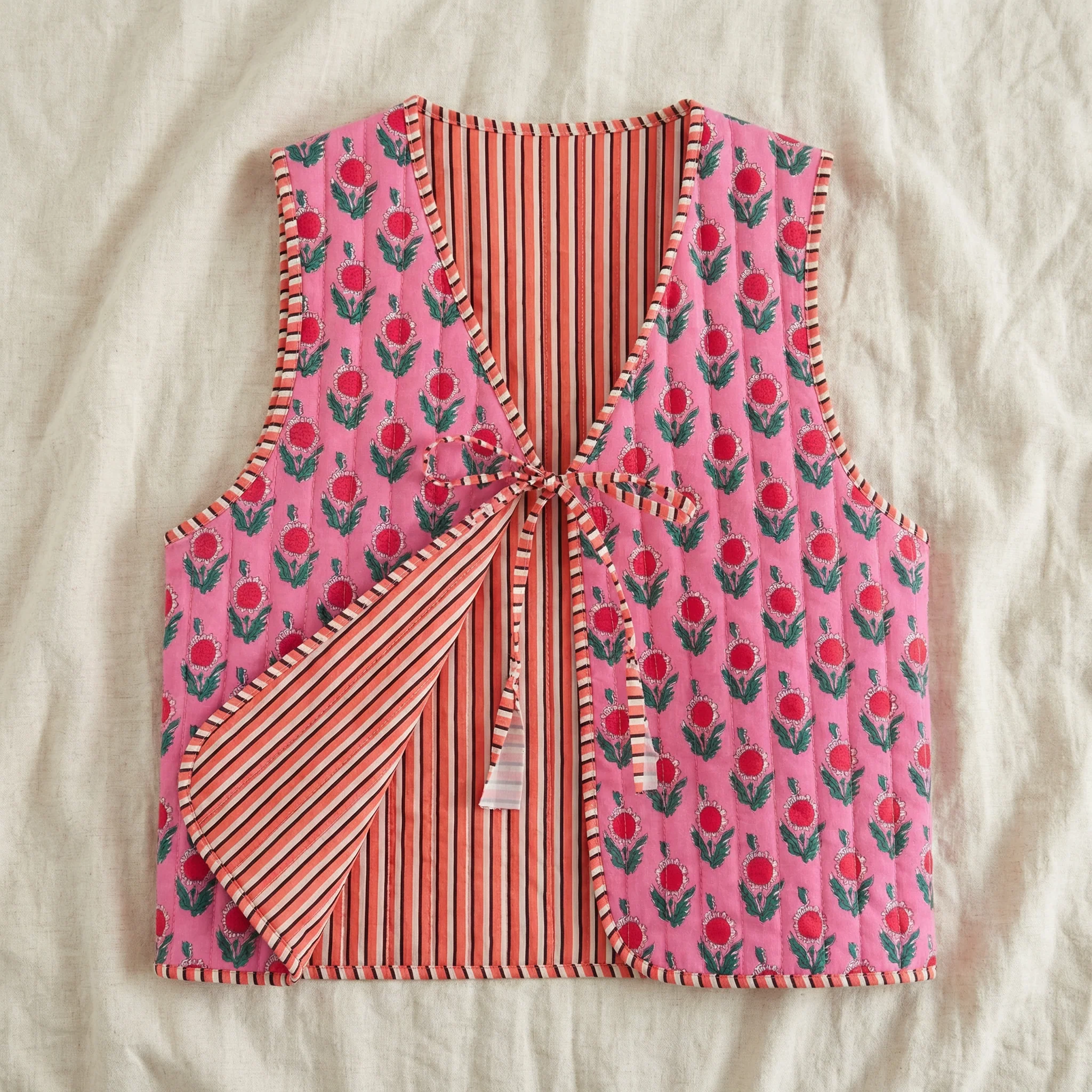 Reversible Floral & Striped Cropped Puffer Vest | Y2K Pink Boho Quilted Tie Front Cotton Vest - Image 4