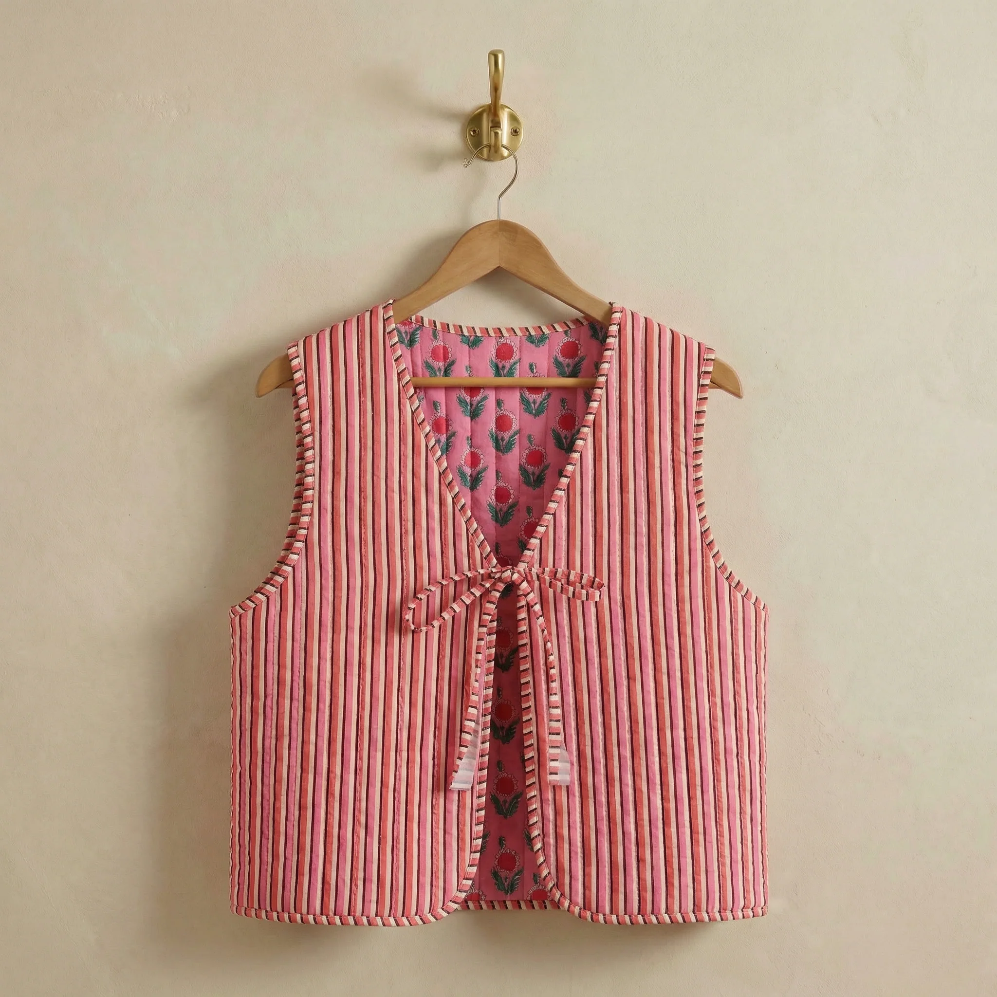 Reversible Floral & Striped Cropped Puffer Vest | Y2K Pink Boho Quilted Tie Front Cotton Vest - Image 6