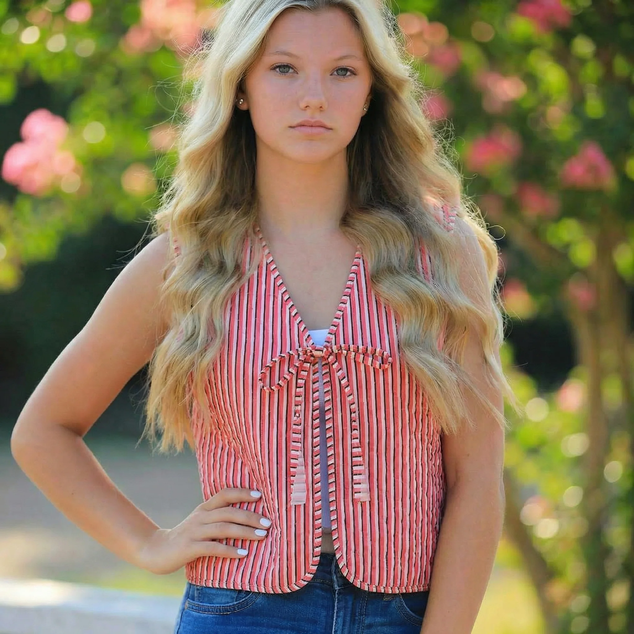 Reversible Floral & Striped Cropped Puffer Vest | Y2K Pink Boho Quilted Tie Front Cotton Vest - Image 7