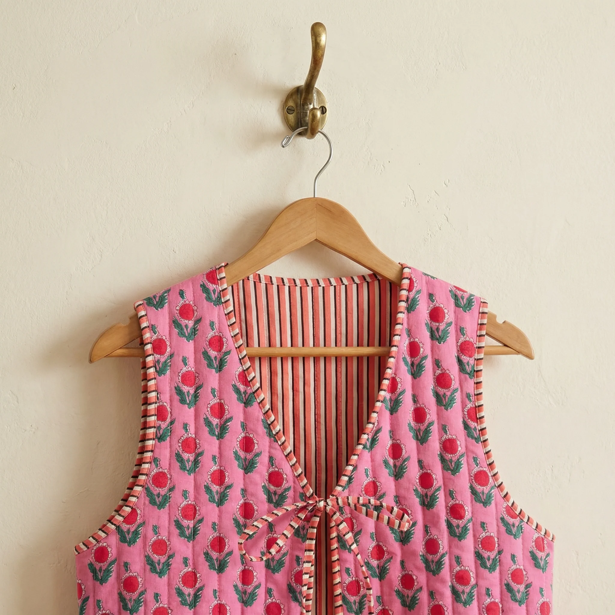 Reversible Floral & Striped Cropped Puffer Vest | Y2K Pink Boho Quilted Tie Front Cotton Vest - Image 9