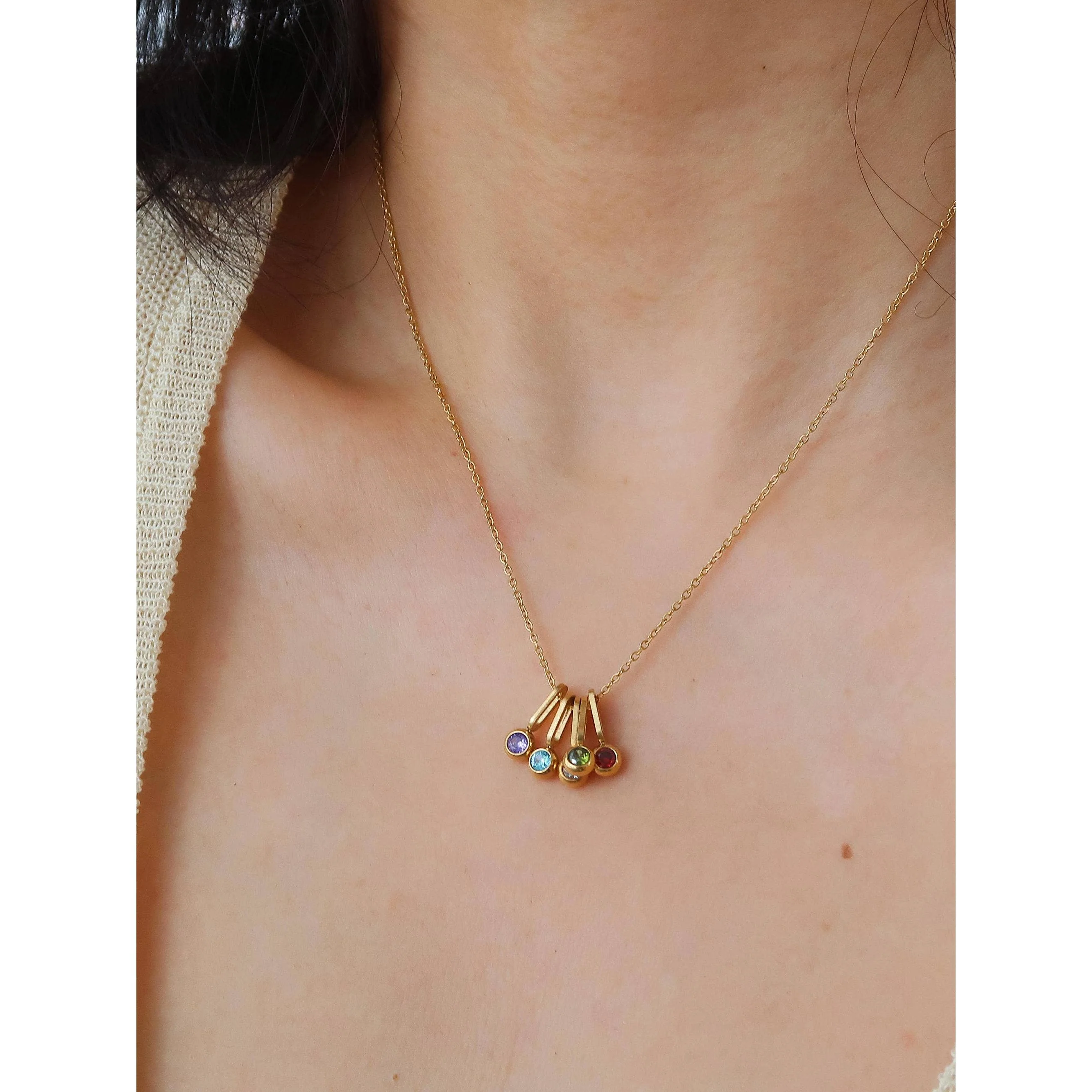 Reyna 18K Gold Non-Tarnish Five Stone Charm Necklace | Cubic Zirconia Gold Plated Stainless Steel, Hypoallergenic - Image 3