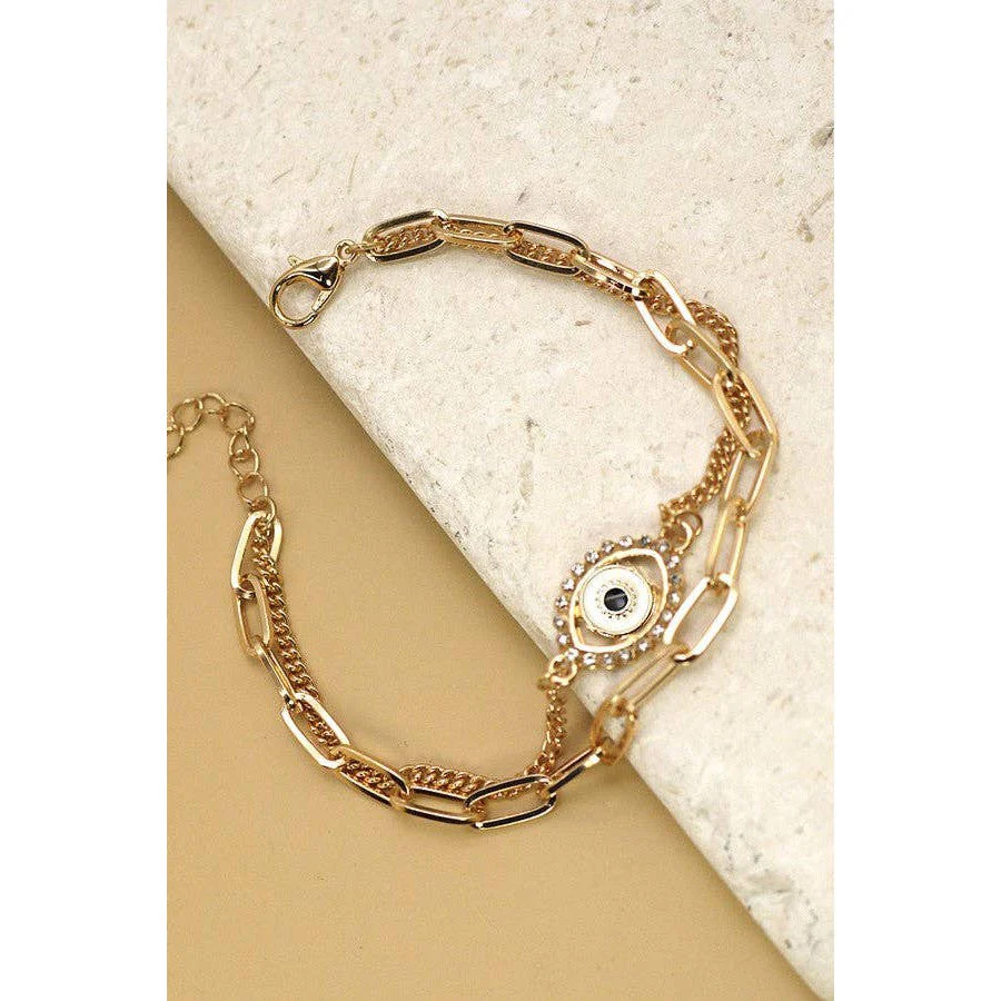 Rhinestone Epoxy Eye Chain Bracelet | Double Layer Gold Tone Jewelry - Image 2