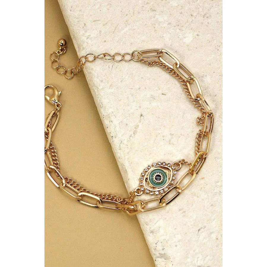 Rhinestone Epoxy Eye Chain Bracelet | Double Layer Gold Tone Jewelry - Image 3