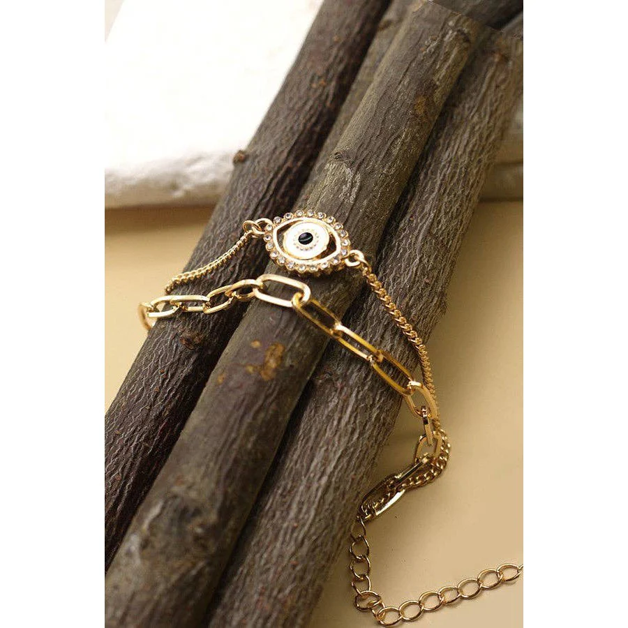 Rhinestone Epoxy Eye Chain Bracelet | Double Layer Gold Tone Jewelry - Image 4