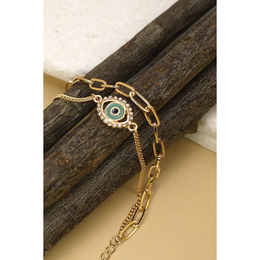Rhinestone Epoxy Eye Chain Bracelet | Double Layer Gold Tone Jewelry - Image 5
