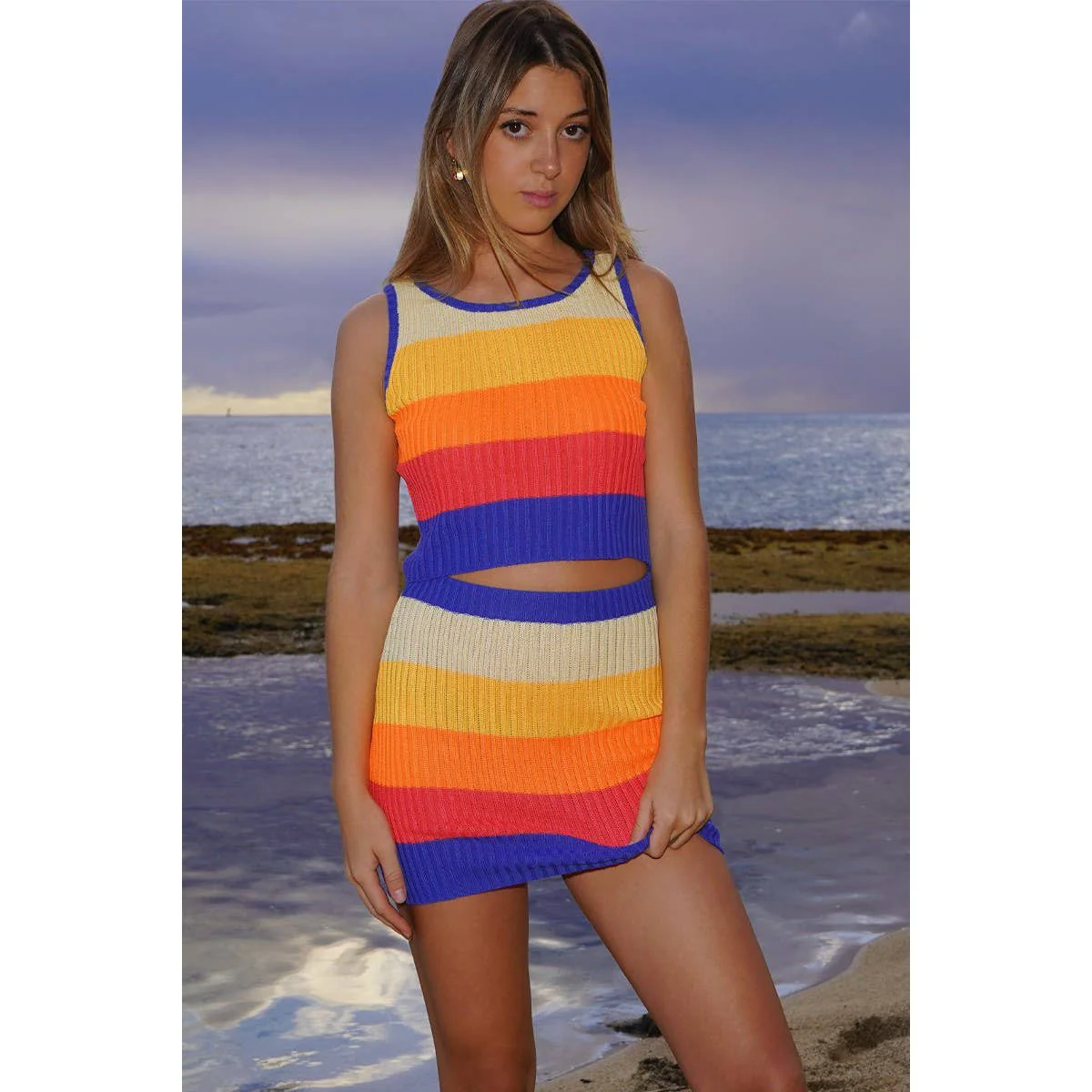 [Size XL Only] Rib Knit Set Skirt and Top | Orange and Blue Stripes - Image 4