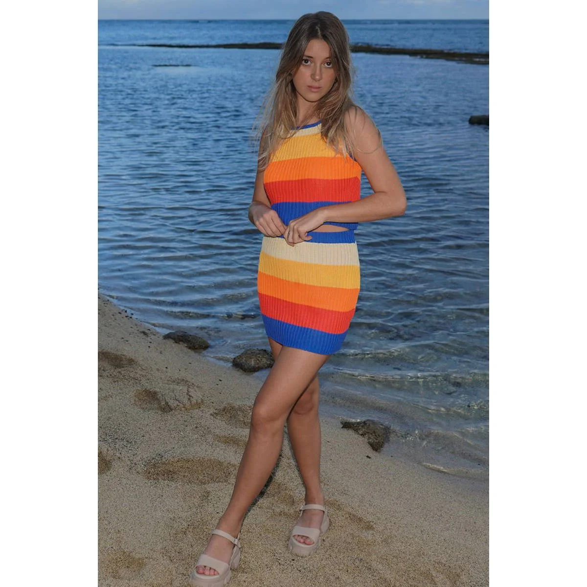 [Size XL Only] Rib Knit Set Skirt and Top | Orange and Blue Stripes - Image 6