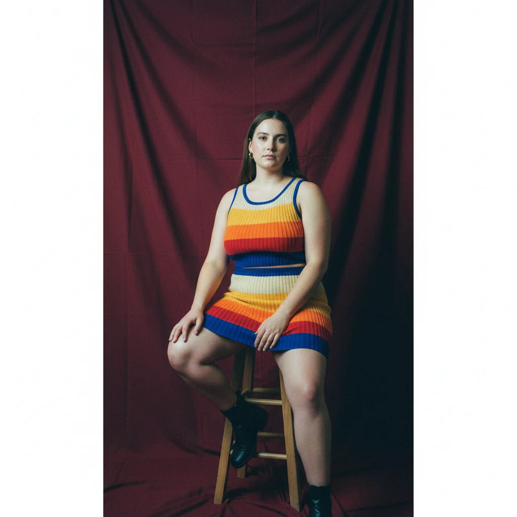 [Size XL Only] Rib Knit Set Skirt and Top | Orange and Blue Stripes - Image 7