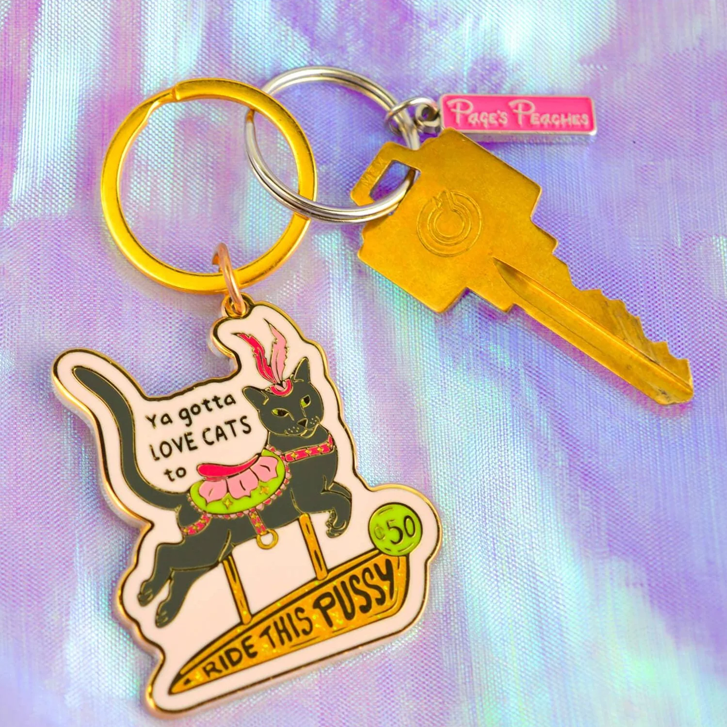 Ride This Pussy Enamel Keychain | LGBTQ Black Cat Gold Keyring | Cheeky Queer Gift - Image 3