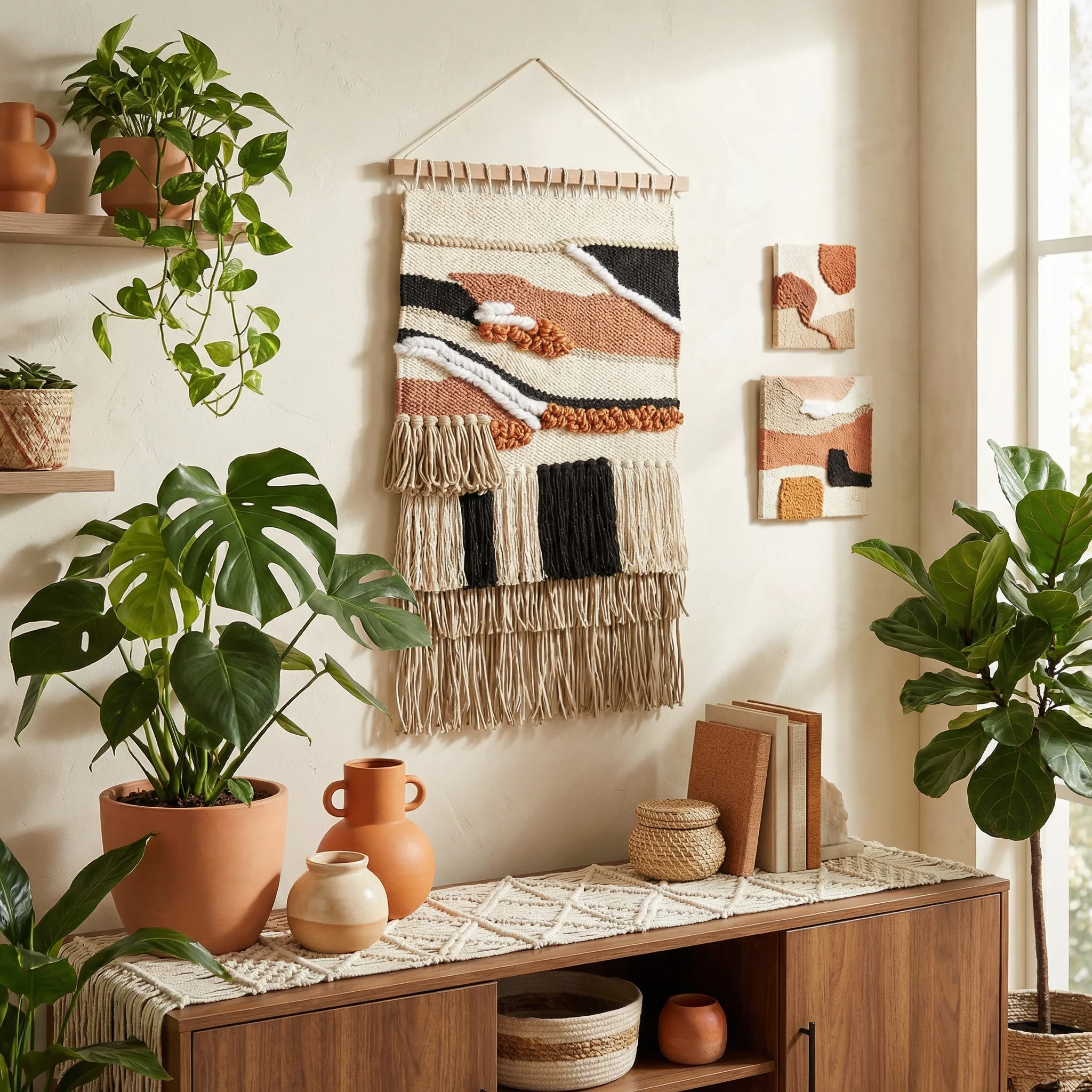 Riley Boho Woven Wall Hanging | Cotton Fringe Tapestry with Wooden Rod - Image 2