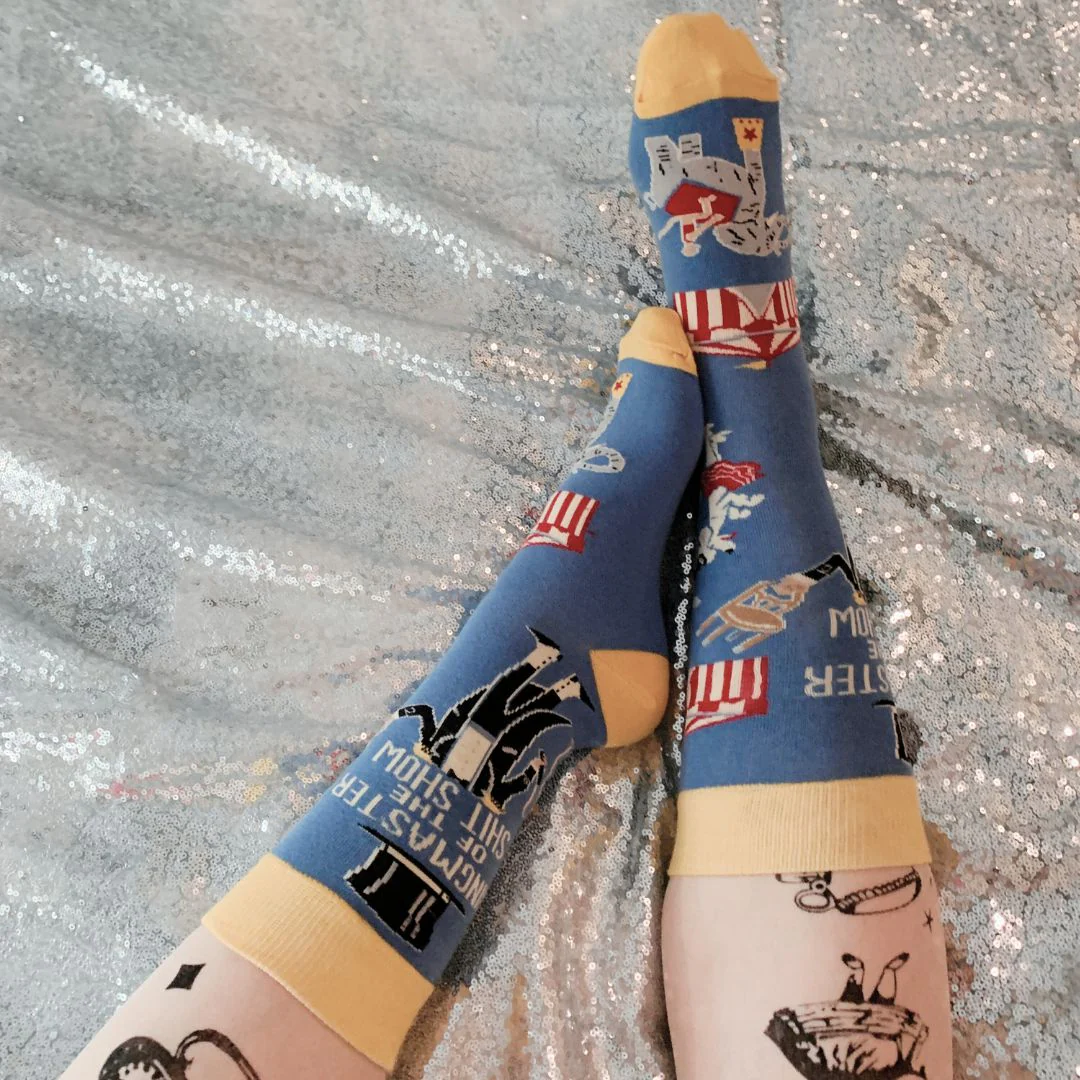 Ringmaster Of The Shit Show Funny Socks | Blue Circus Graphic Crew Socks - Image 4