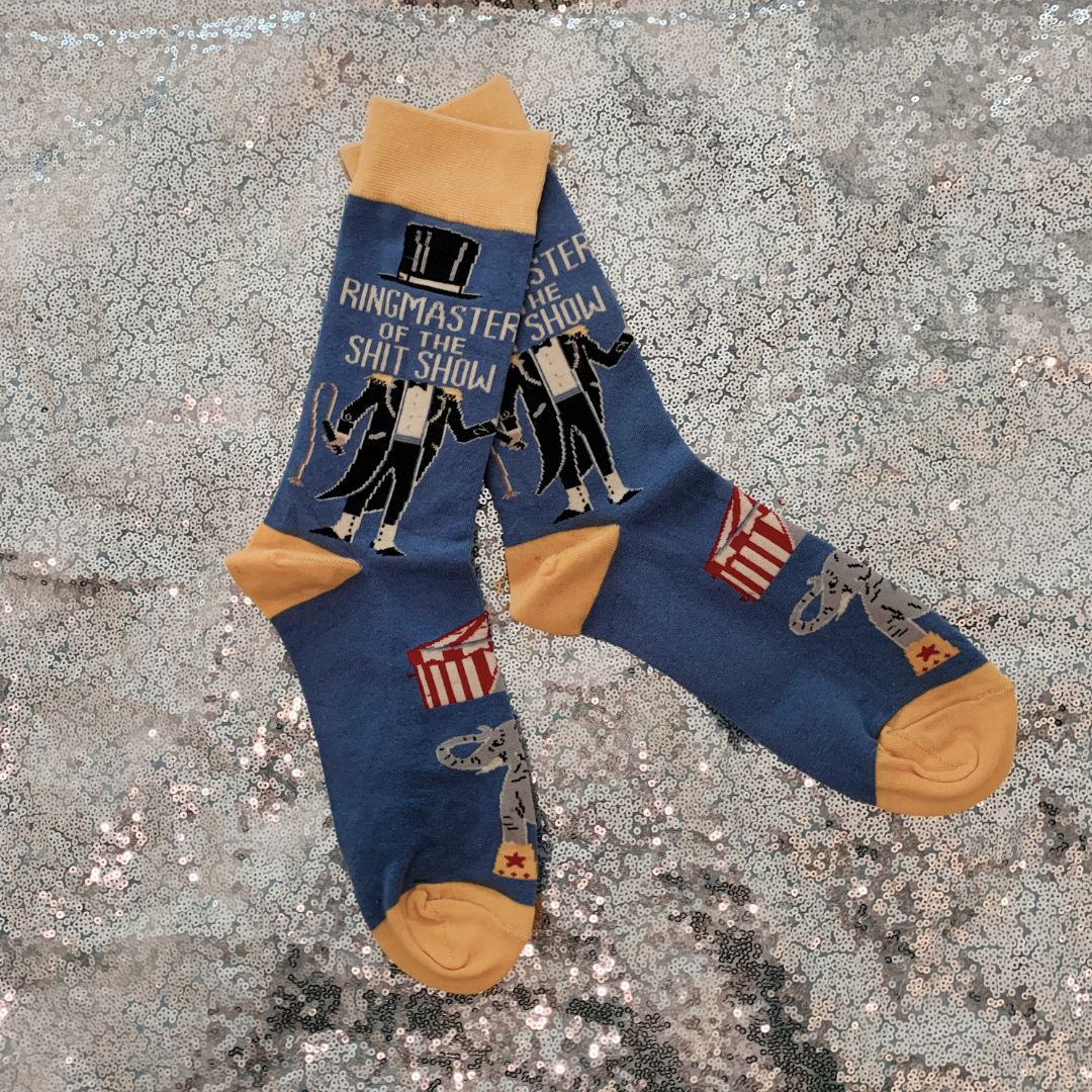Ringmaster Of The Shit Show Funny Socks | Blue Circus Graphic Crew Socks - Image 7