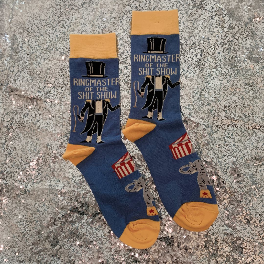 Ringmaster Of The Shit Show Funny Socks | Blue Circus Graphic Crew Socks - Image 8