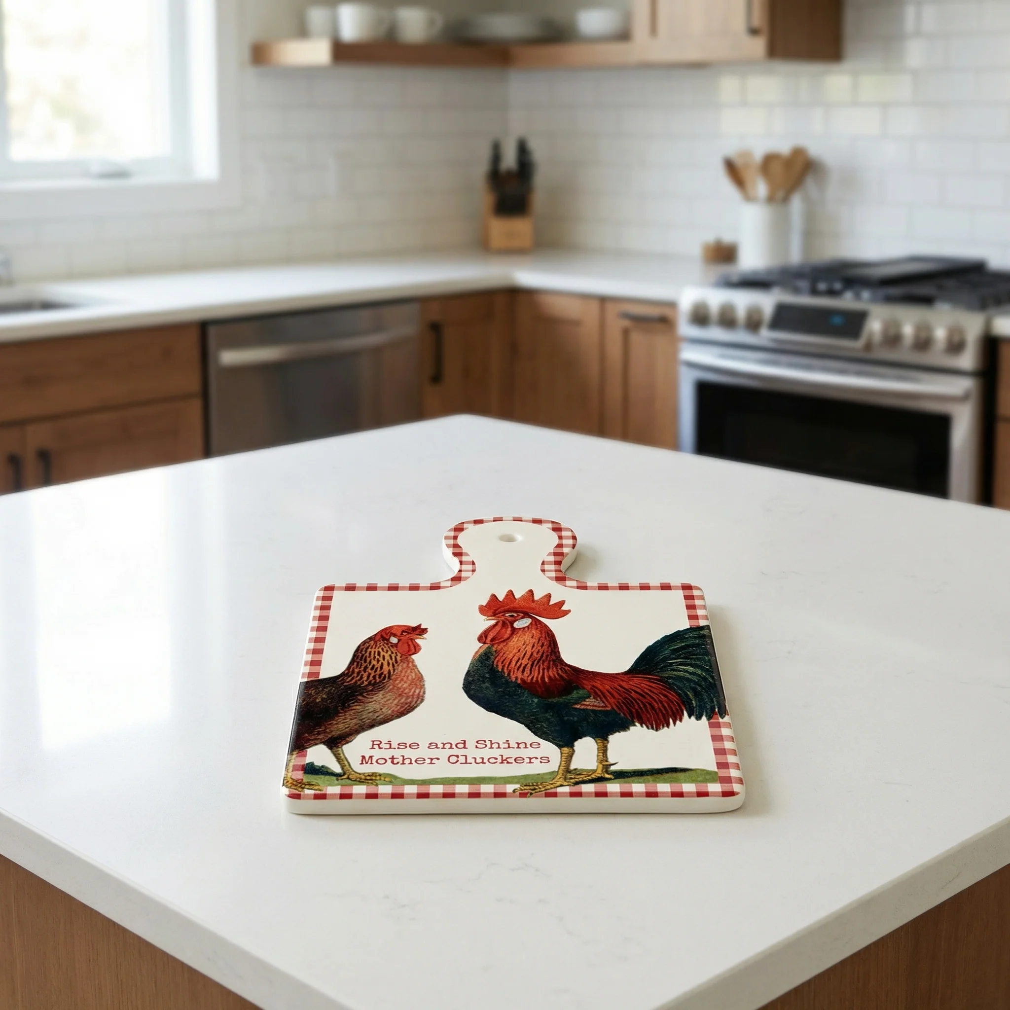 Rise & Shine Mother Cluckers Chicken & Rooster Stone Trivet with Cork Base | Farmhouse Kitchen Decor - Image 2