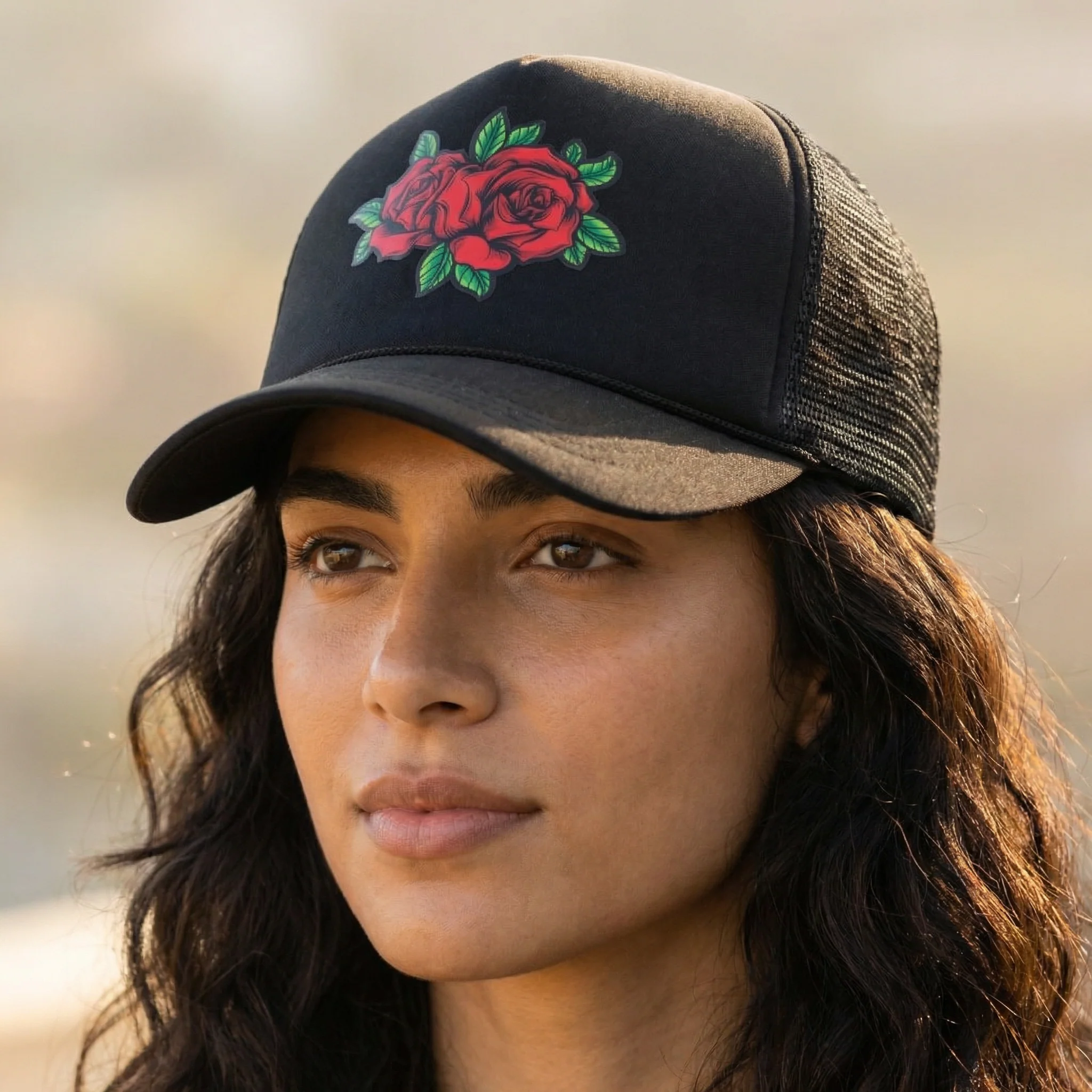 Rose Patch Trucker Hat | Mesh Back Snapback Cap with Floral Patch - Image 3