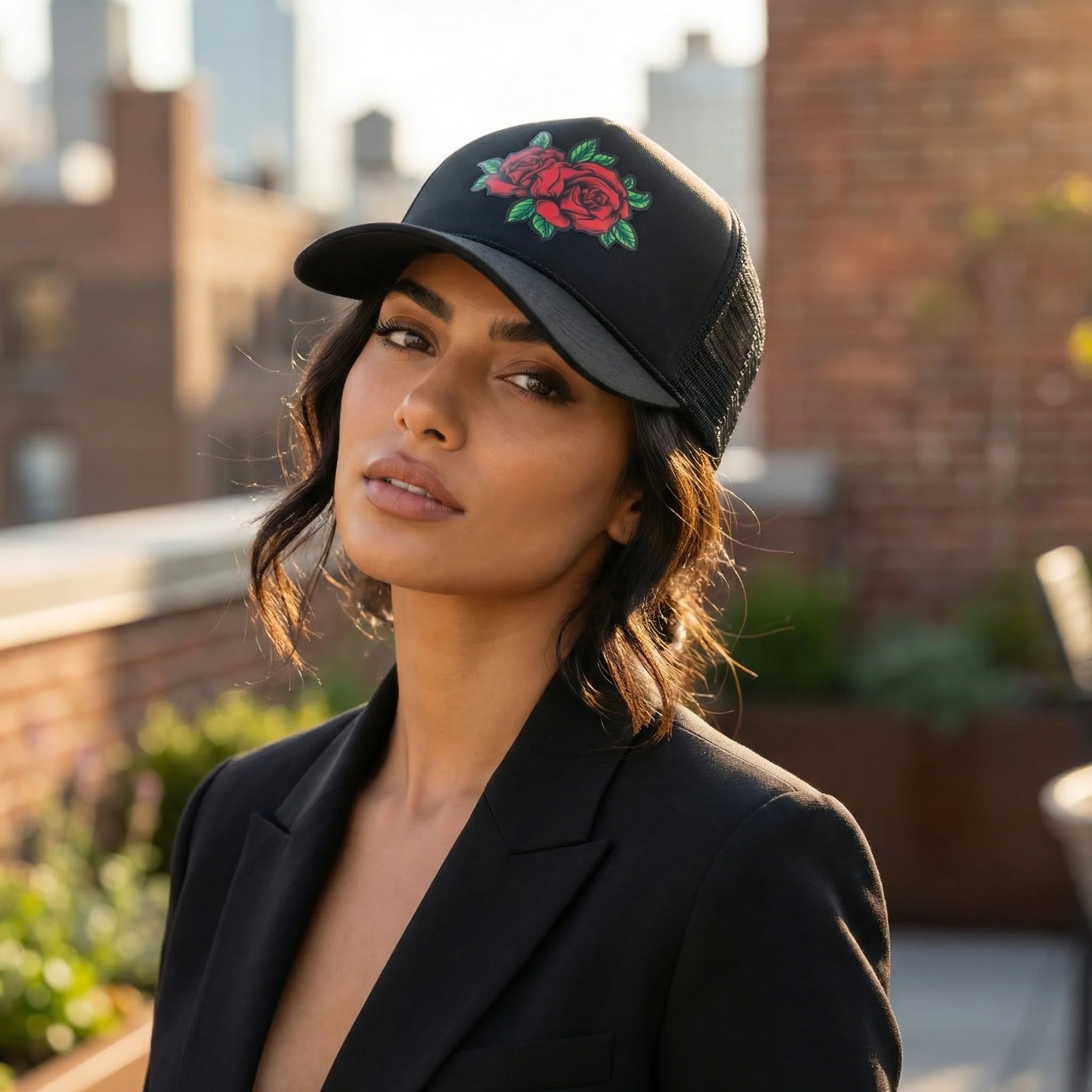 Rose Patch Trucker Hat | Mesh Back Snapback Cap with Floral Patch - Image 5