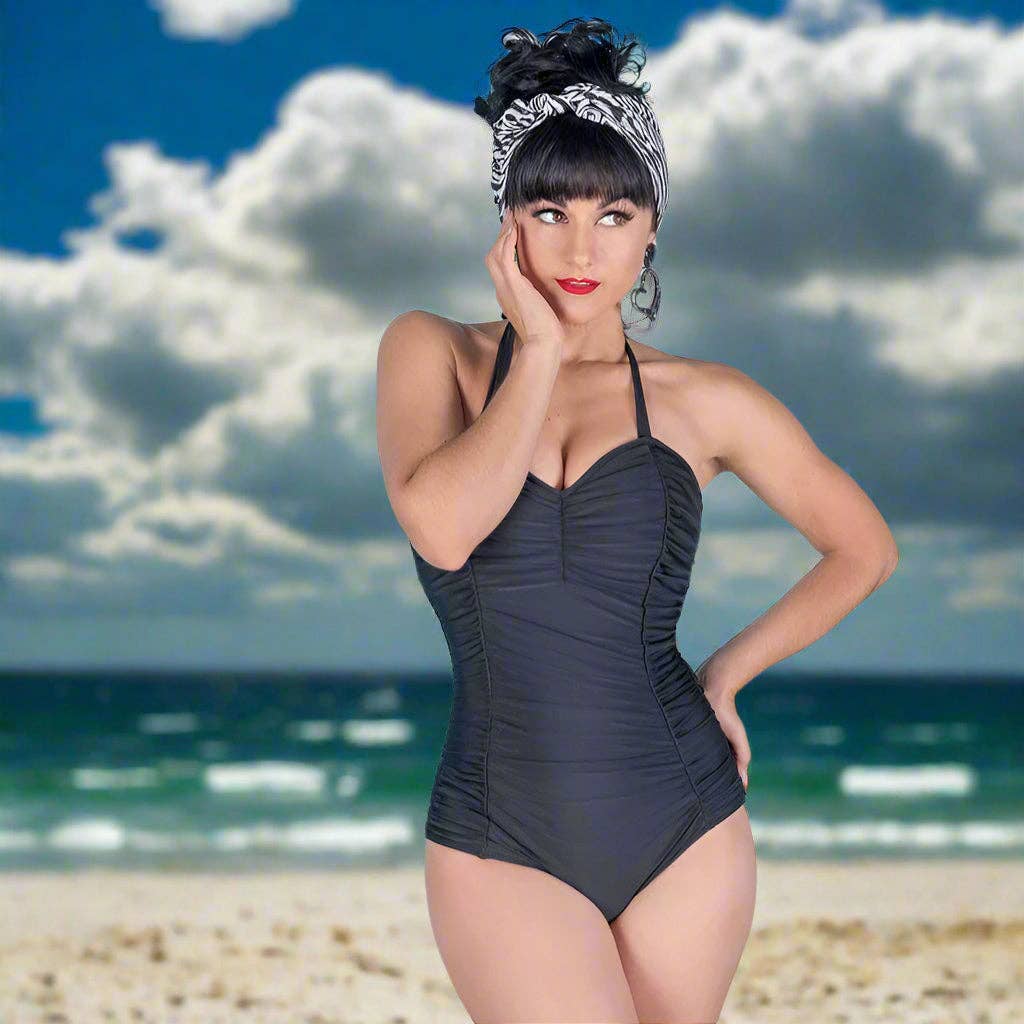 [Size XS Remaining] Pinup 1950s Rosie Retro One-Piece Swimsuit in Floral Prints, Black or Wine | 50s Inspired Swimsuit - Image 2