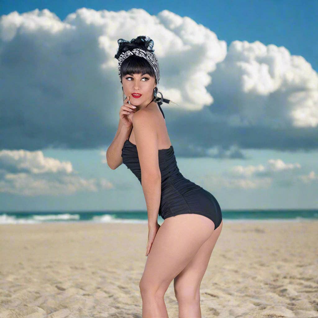 [Size XS Remaining] Pinup 1950s Rosie Retro One-Piece Swimsuit in Floral Prints, Black or Wine | 50s Inspired Swimsuit - Image 7