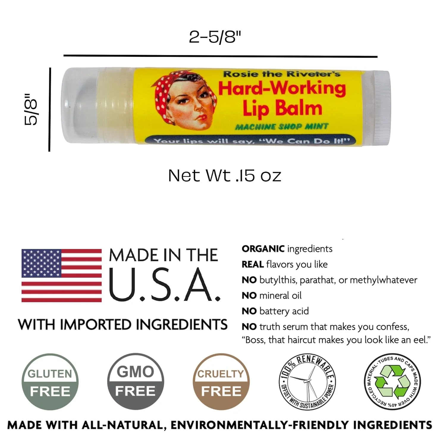 Rosie The Riveter's Hard Working Lip Balm in Peppermint Flavor | Lip Gloss Moisturizer | 15oz - Image 4