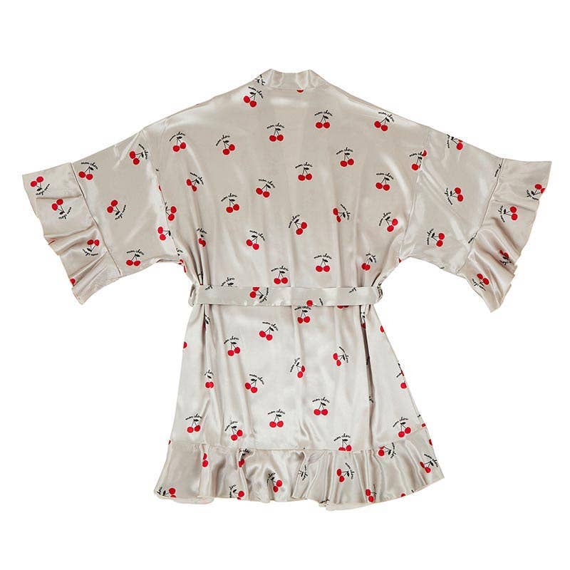 Cherries Ruffled Satin Shortie Robe - Mon Cheri Red and Ivory Wrap Belted Robe [Sizes S/MD - L/XL] - Image 3