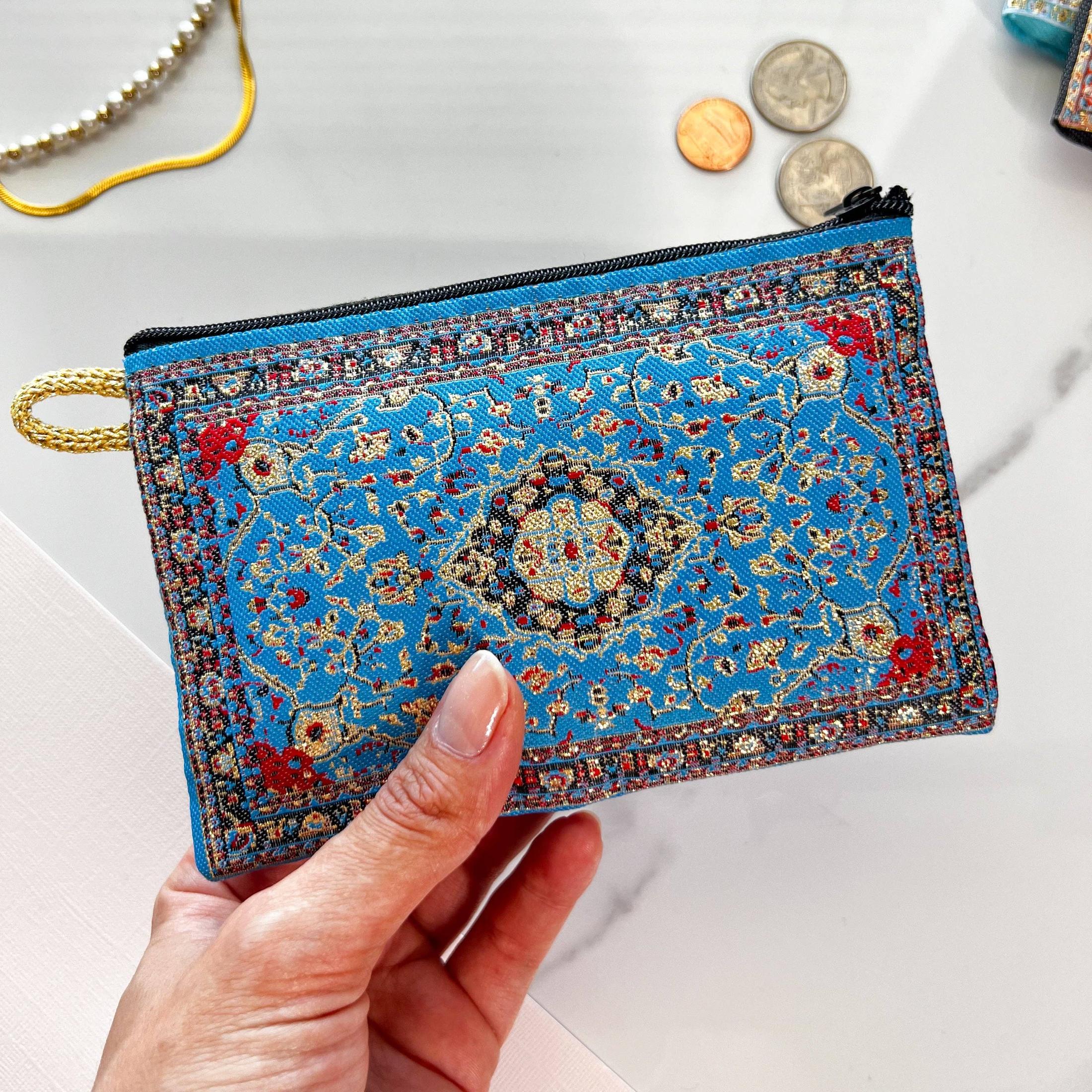 Rug Design Pouch Boho Coin Purse Small Pouch in Royal Blue | Handmade in Turkey | 4" x 5" - Image 2