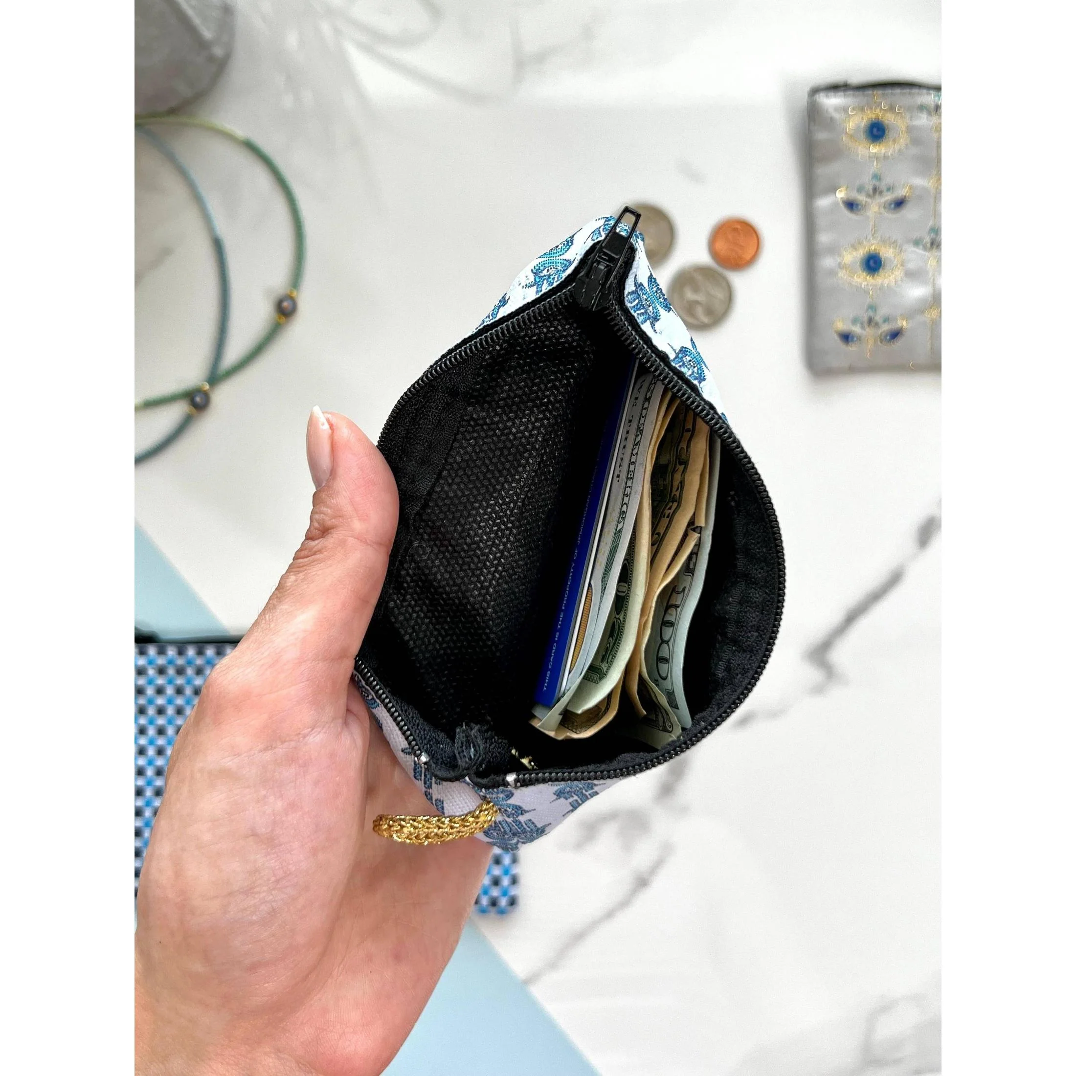 Rug Design Pouch Boho Coin Purse Small Pouch in Royal Blue | Handmade in Turkey | 4" x 5" - Image 3