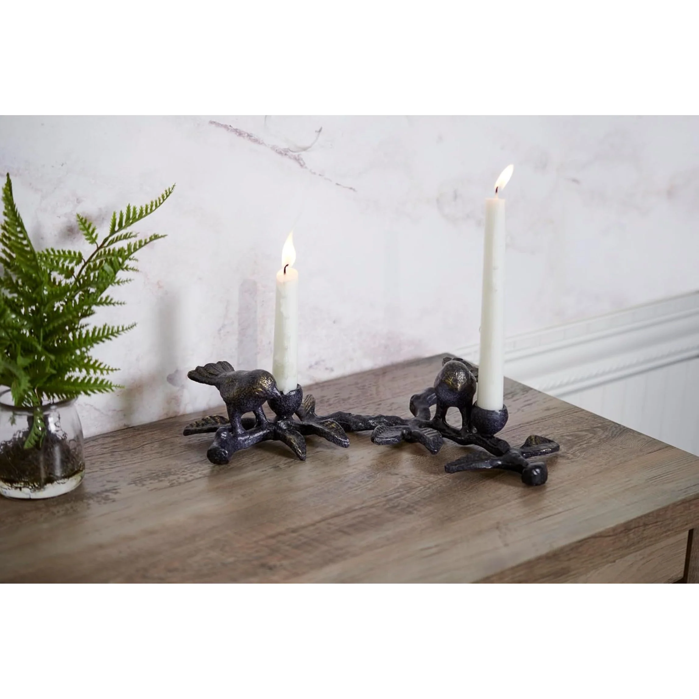 Rustic Birds On Limb Metal Candle Holder | Double Taper Candle Branch Decor