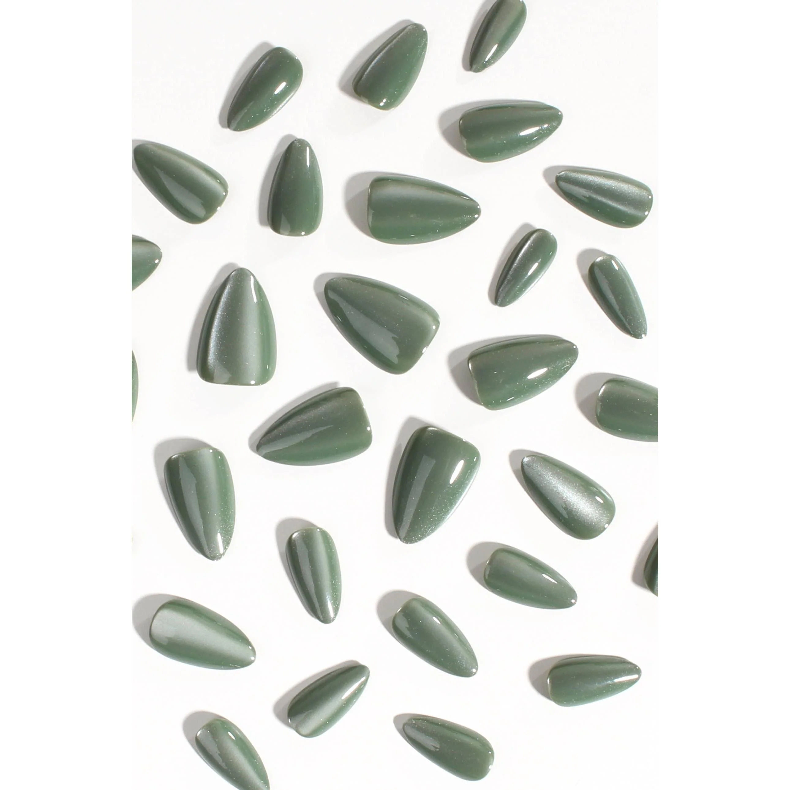 Sage Quartz Press-On Nails | Soft Green Cat-Eye Nails with Glossy Finish | Reusable - Image 3