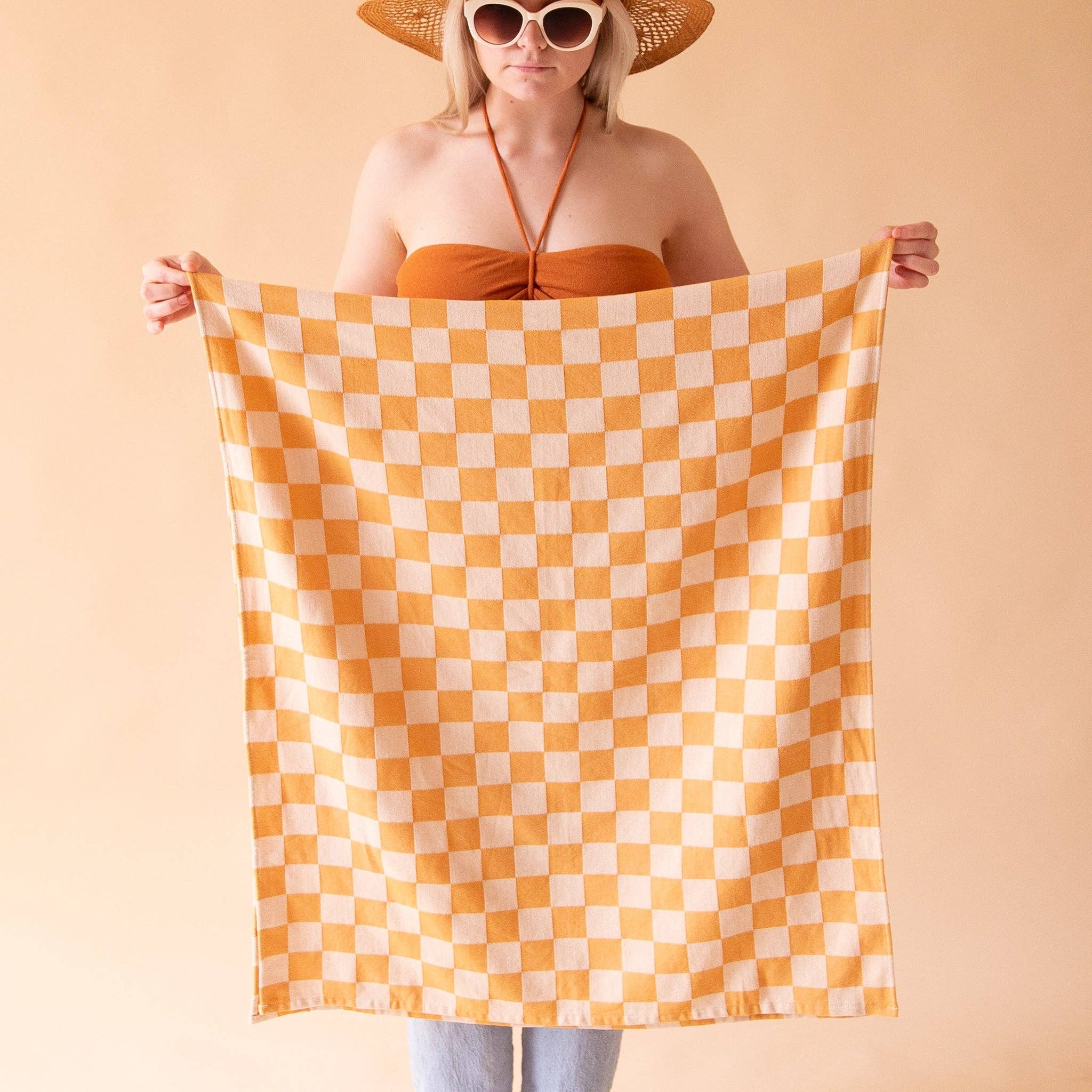 100% Turkish Cotton Sand Resistant Beach Towel in Orange/Tan Checker | Groovy '70s Aesthetic Themed Checkered Large Thin Towel - Image 3