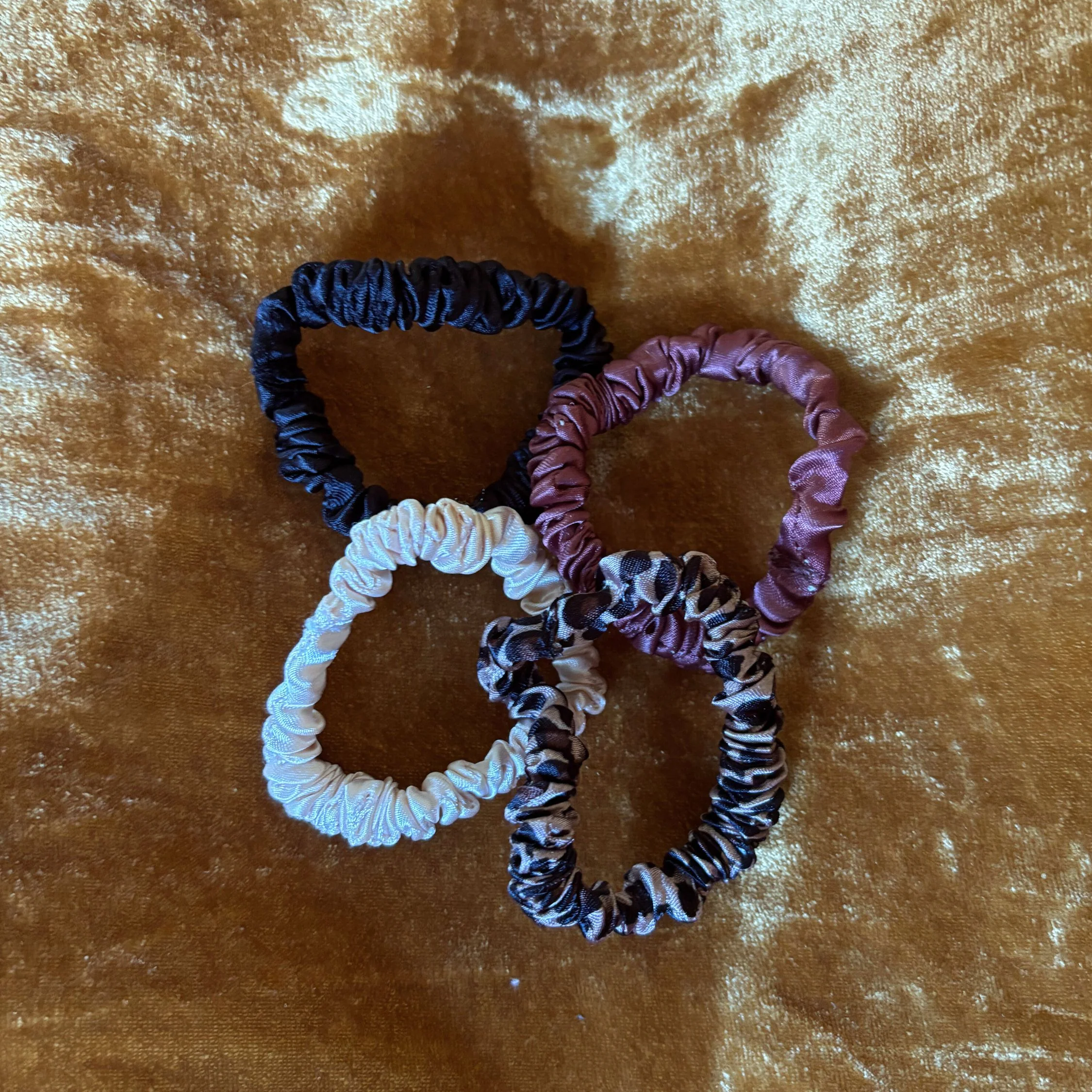4 Pack Satin Hair Ties in Black / Brown / Cheetah / Nude | Stretchy Scrunchies Hair Accessory - Image 4