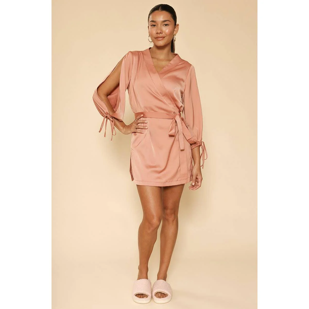 Dusty Rust Satin Wrap Robe with Embroidered Back Detail & Slit Sleeves [SM-XL] - Image 4