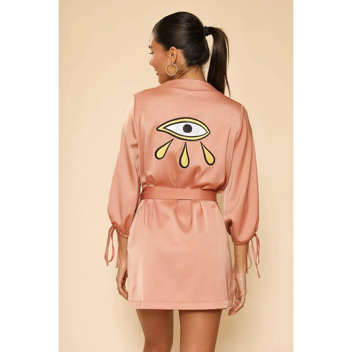 Dusty Rust Satin Wrap Robe with Embroidered Back Detail & Slit Sleeves [SM-XL] - Image 5