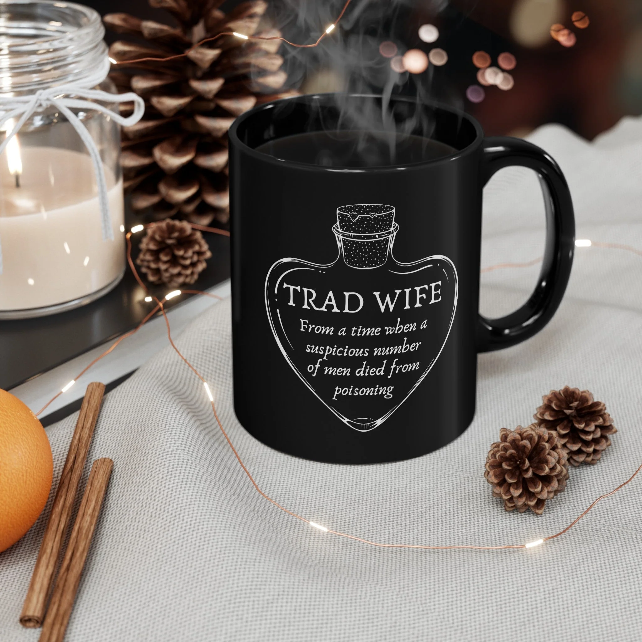 [SATIRE] Trad Wife 11oz Black Mug | Heart Shaped Poison Bottle - Image 2